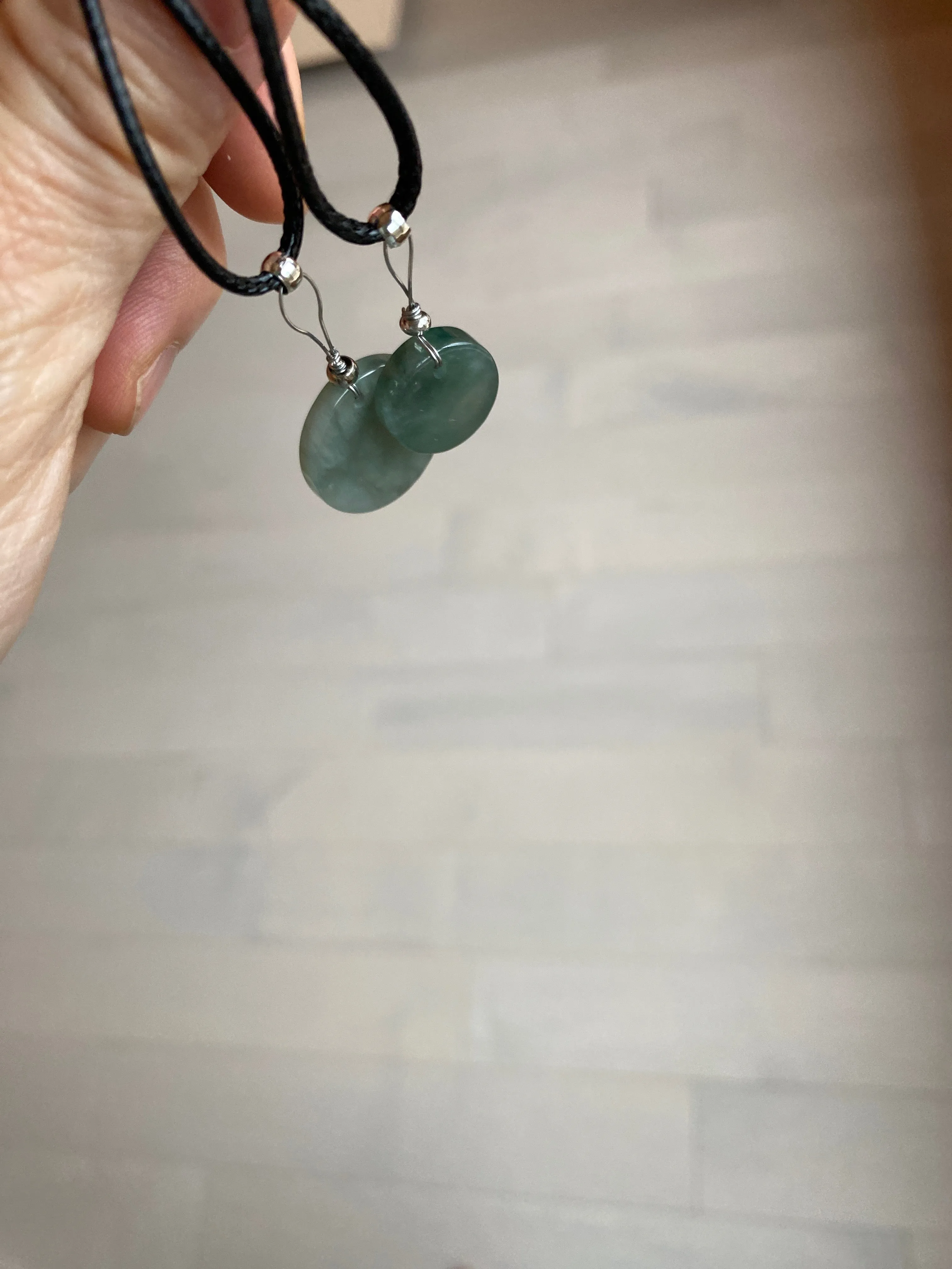 100% natural  icy watery dark green/gray jadeite jade safe and sound couple pendant pair BG4