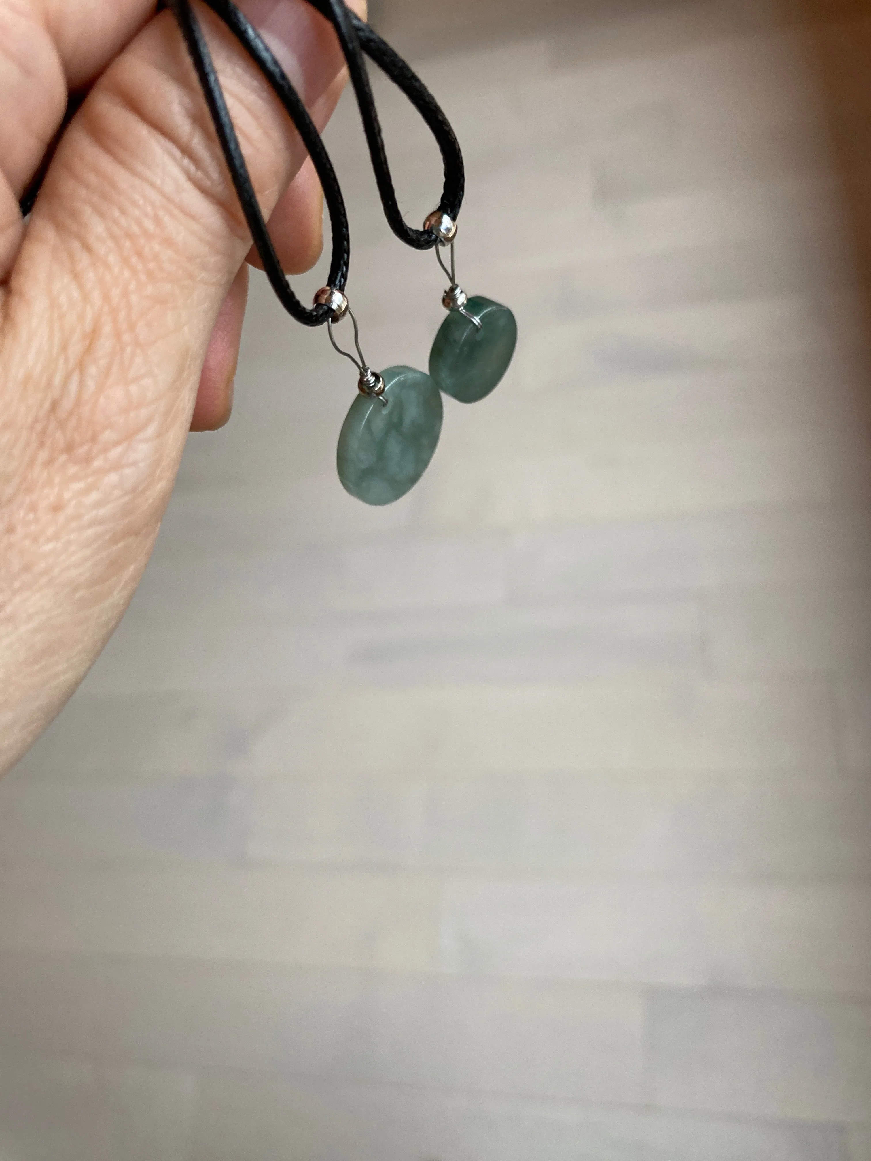 100% natural  icy watery dark green/gray jadeite jade safe and sound couple pendant pair BG4