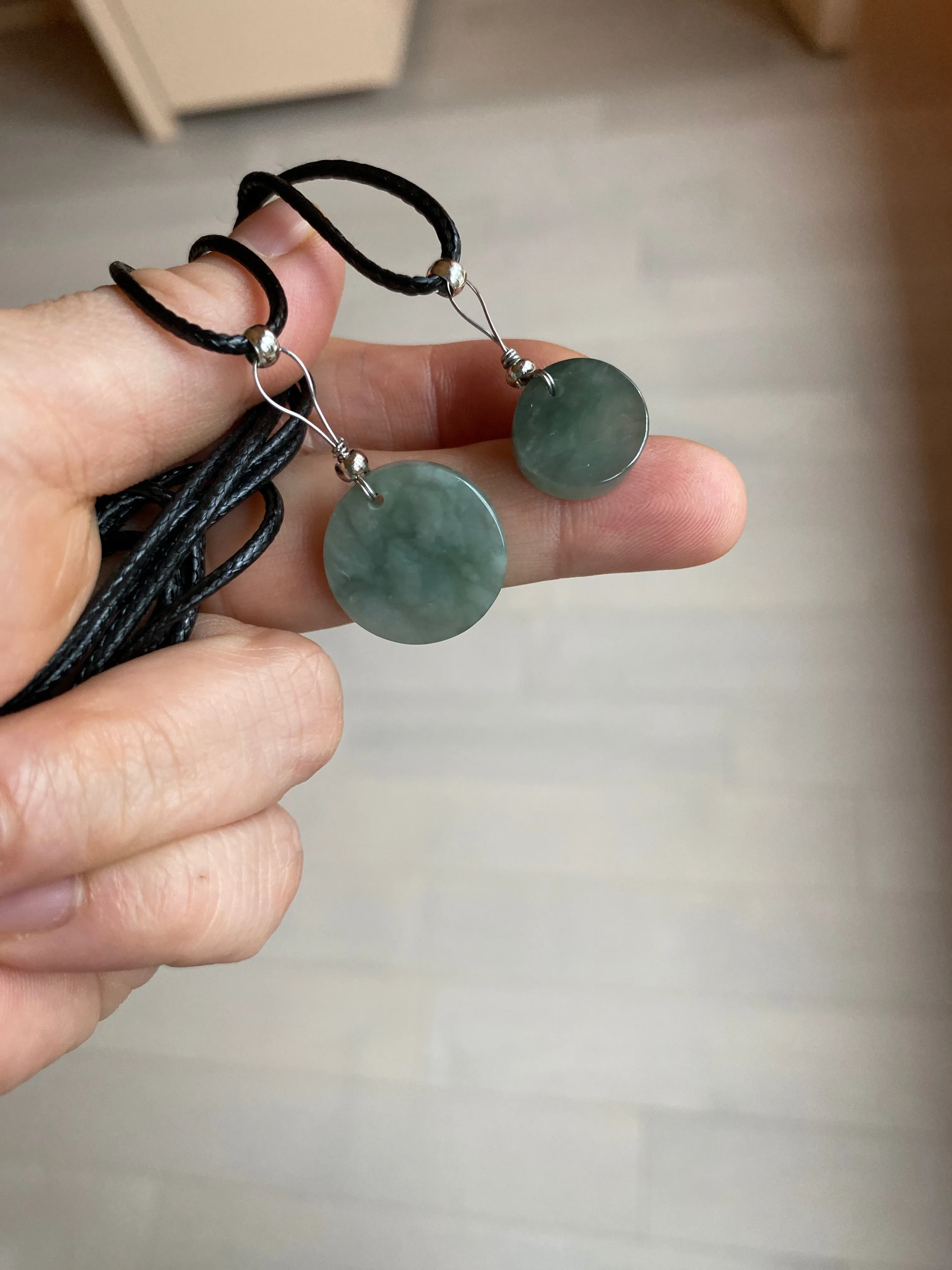 100% natural  icy watery dark green/gray jadeite jade safe and sound couple pendant pair BG4