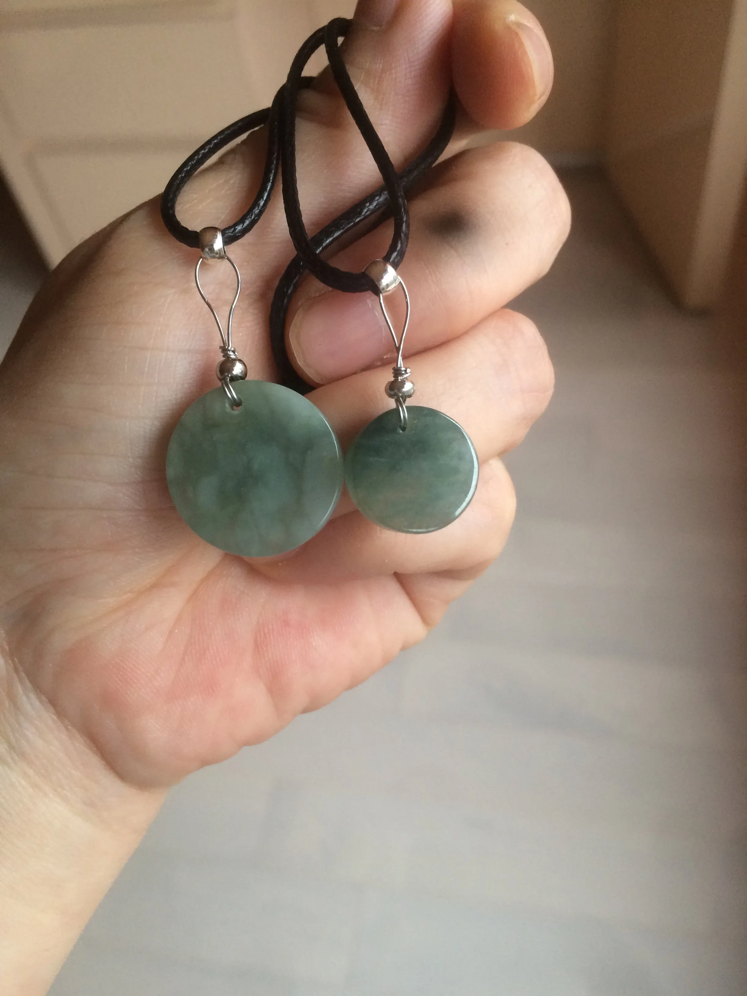 100% natural  icy watery dark green/gray jadeite jade safe and sound couple pendant pair BG4