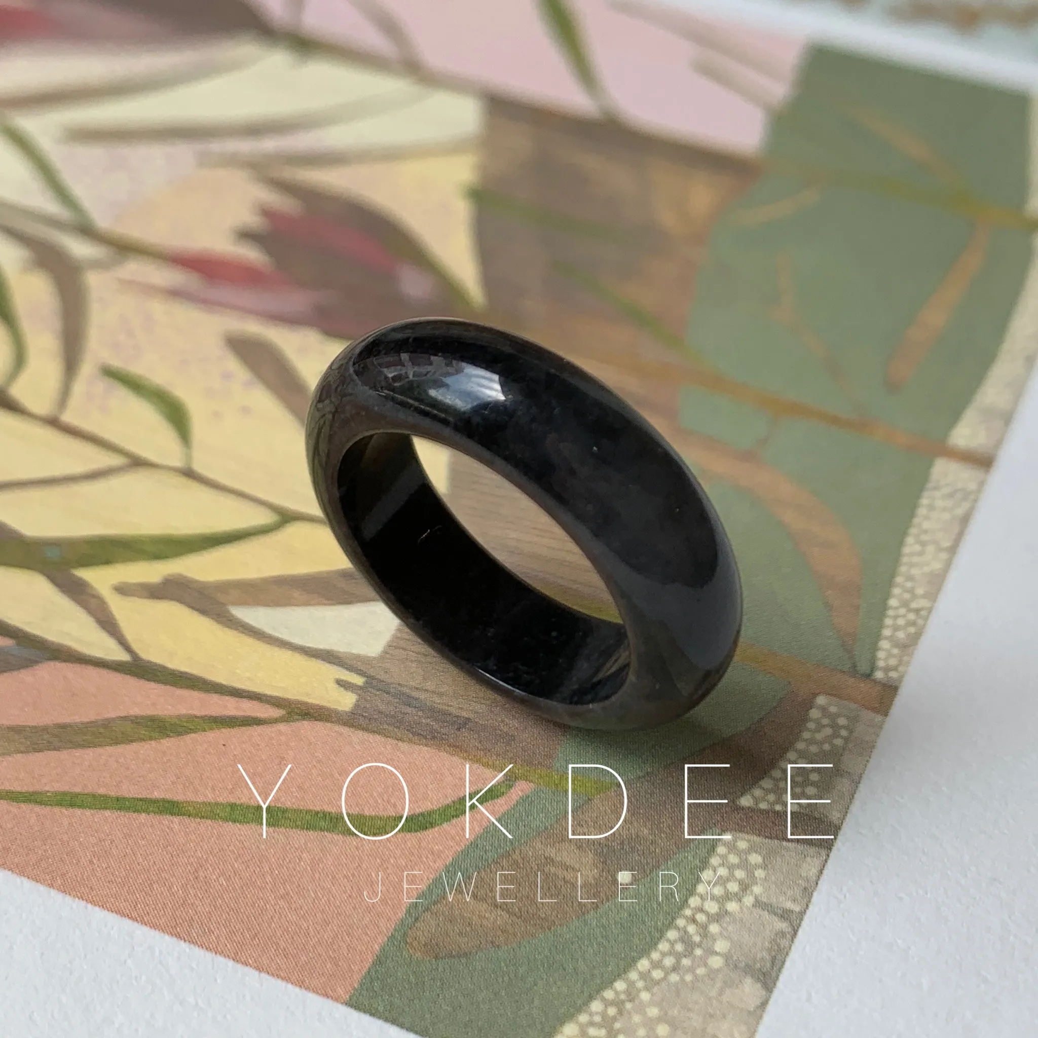 14.3mm A-Grade Natural Black Jadeite Ring Band No. 162150