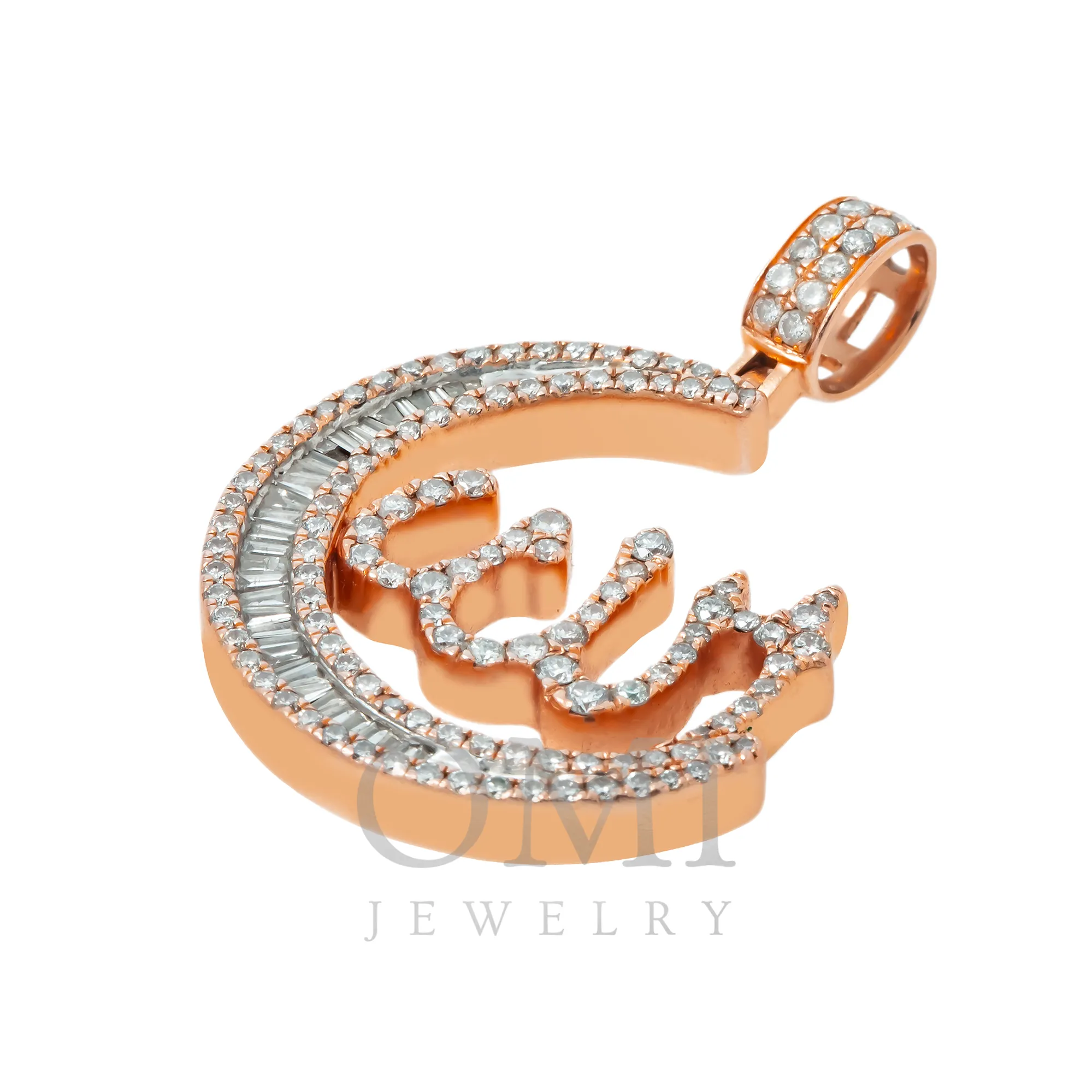 14K GOLD BAGUETTE AND ROUND DIAMOND CRESCENT MOON ALLAH PENDANT 2.00 CTW