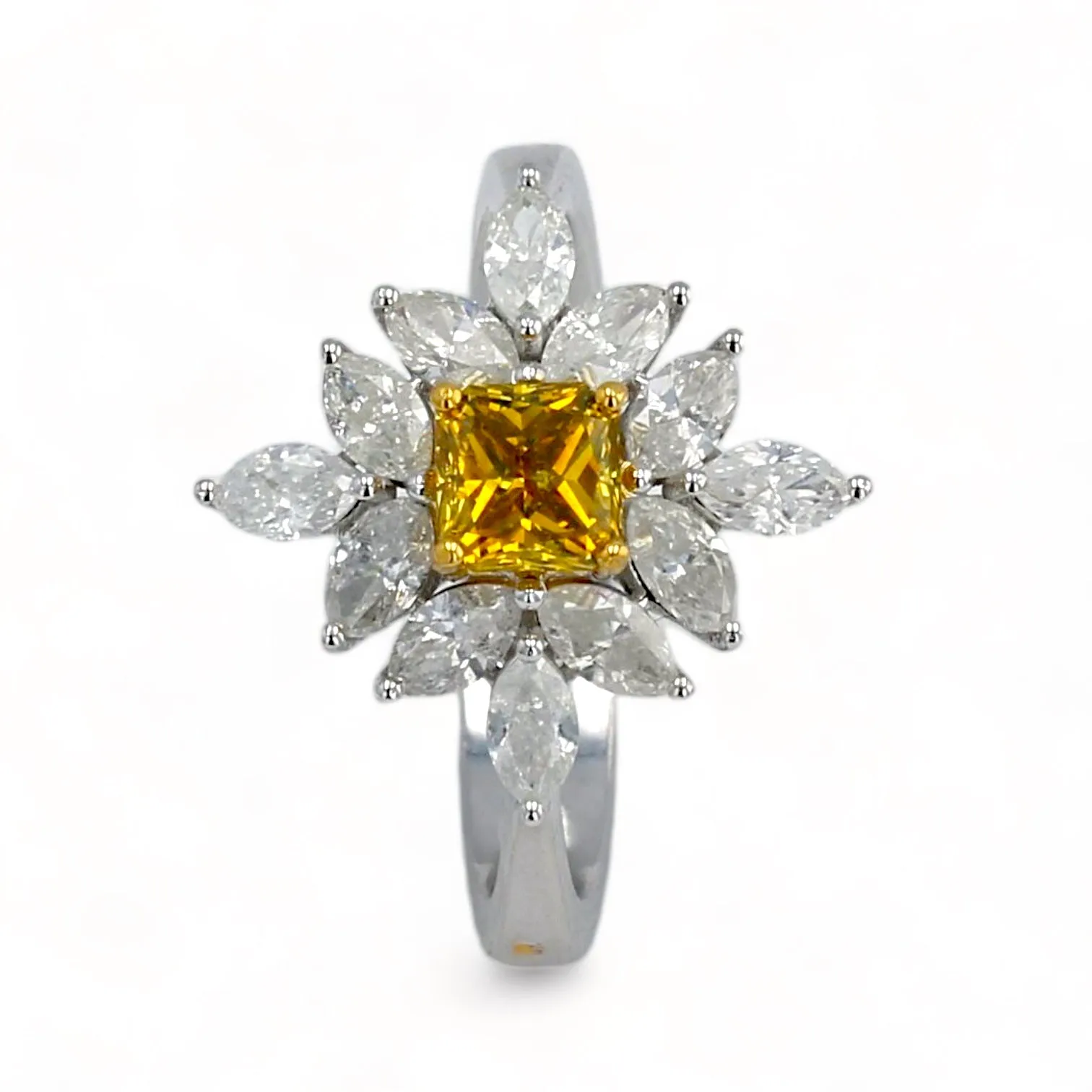 14K White gold floral yellow diamond and marquis diamonds ring-6750