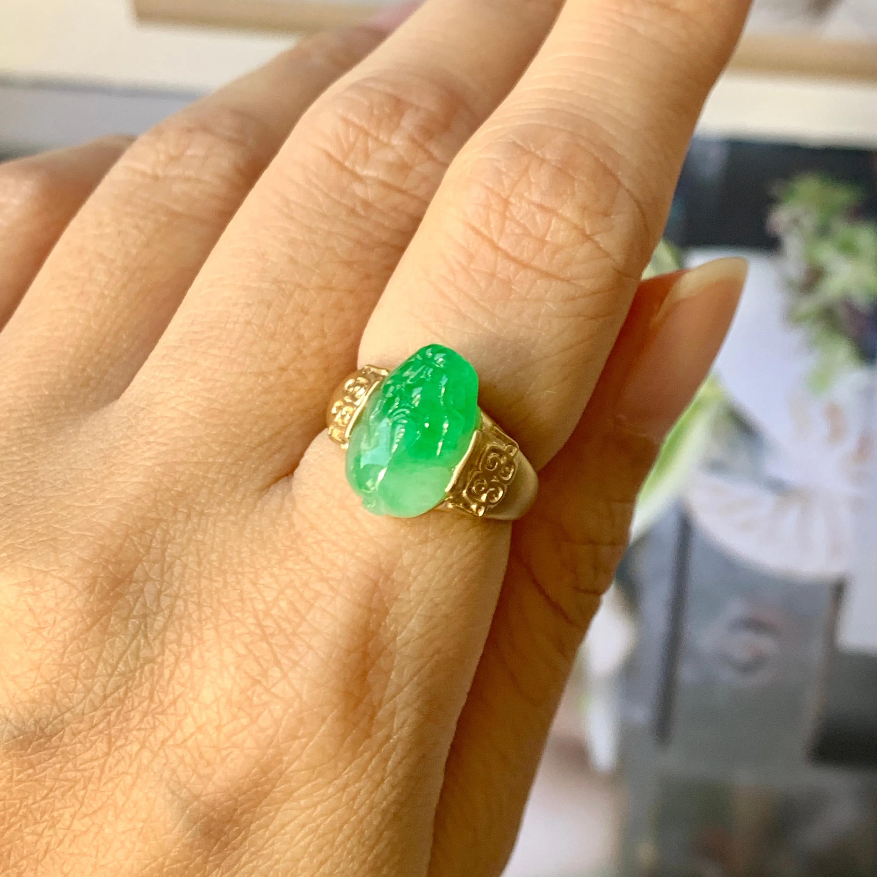 16mm A-Grade Natural Moss on Snow Jadeite Pixiu Ring No.162308