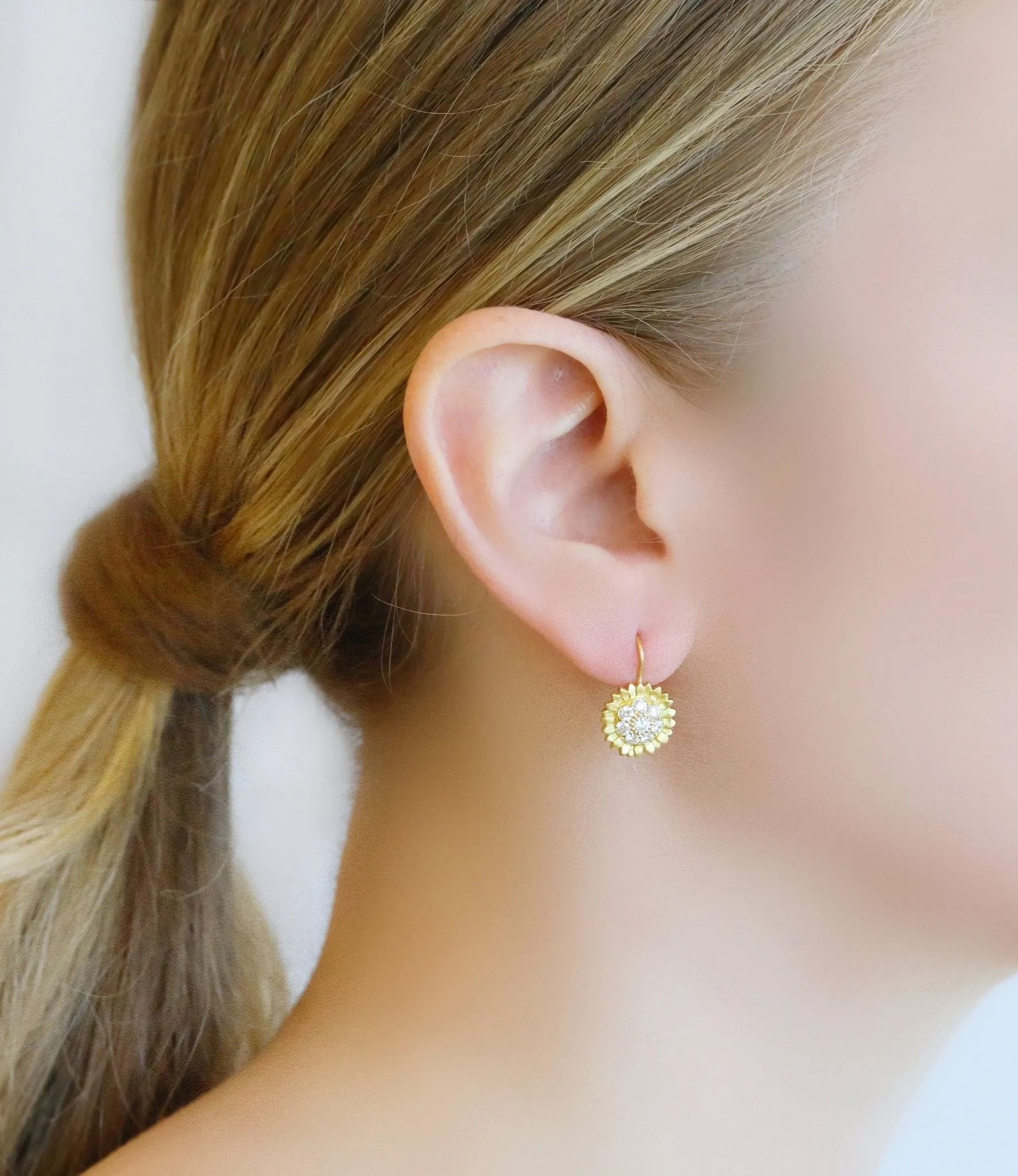 20K Gold and Pave Diamond Sunflower Earrings