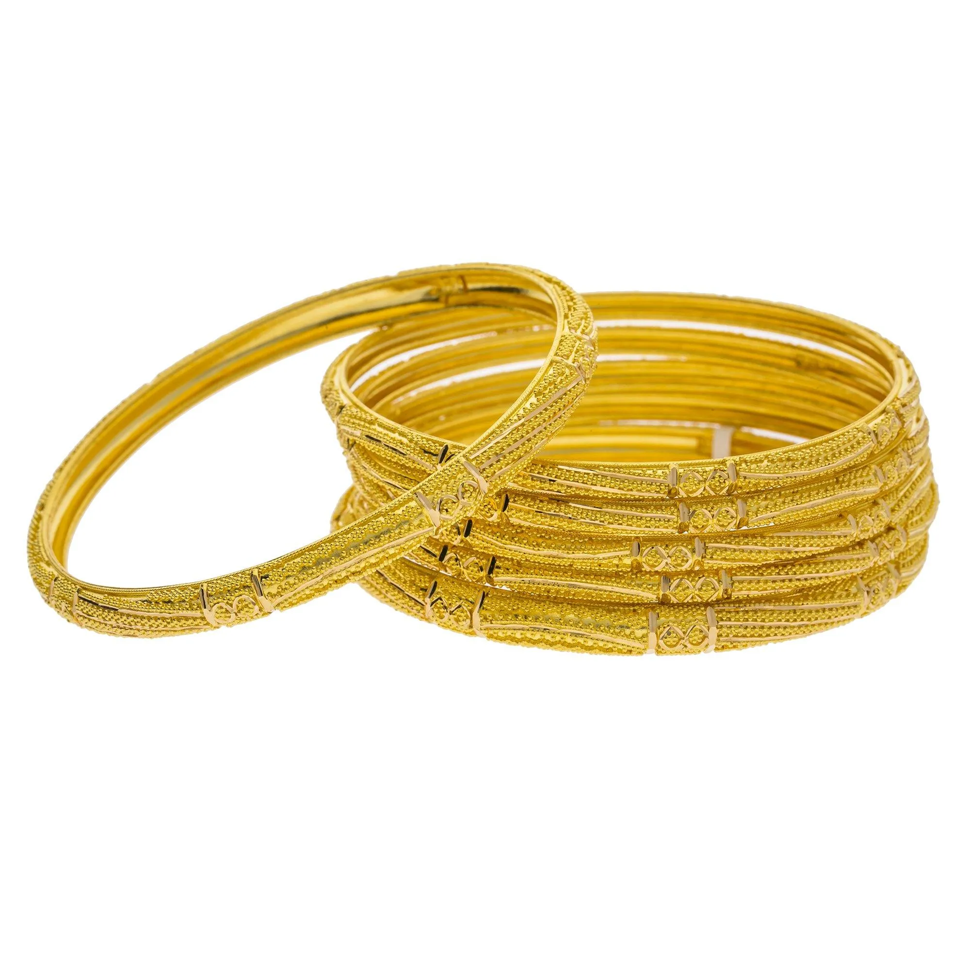 22K Yellow Gold Domed Bangles Set of 6 W/ Gold Strips & Gold Ball Filling