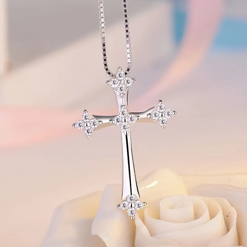 Add a Touch of Charm to Your Party Look with this Elegant White Zircon Cross Pendant Necklace for Women's Fashion Jewelry