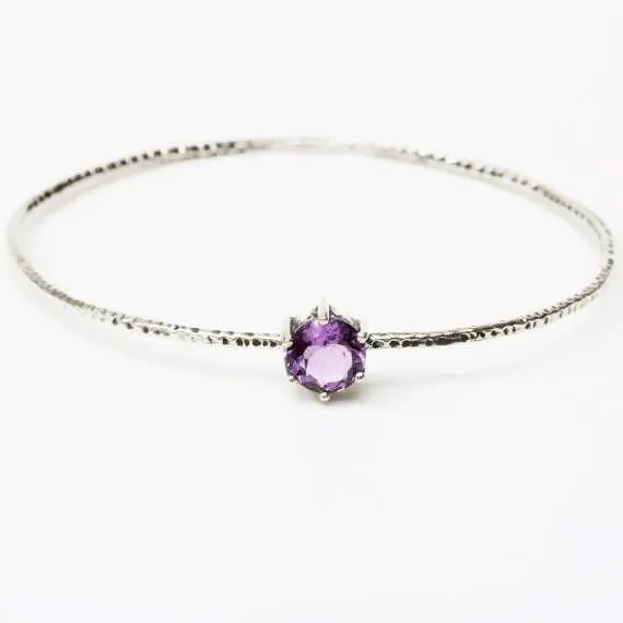 Amethyst round faceted bangle bracelet with textured sterling silver/TP