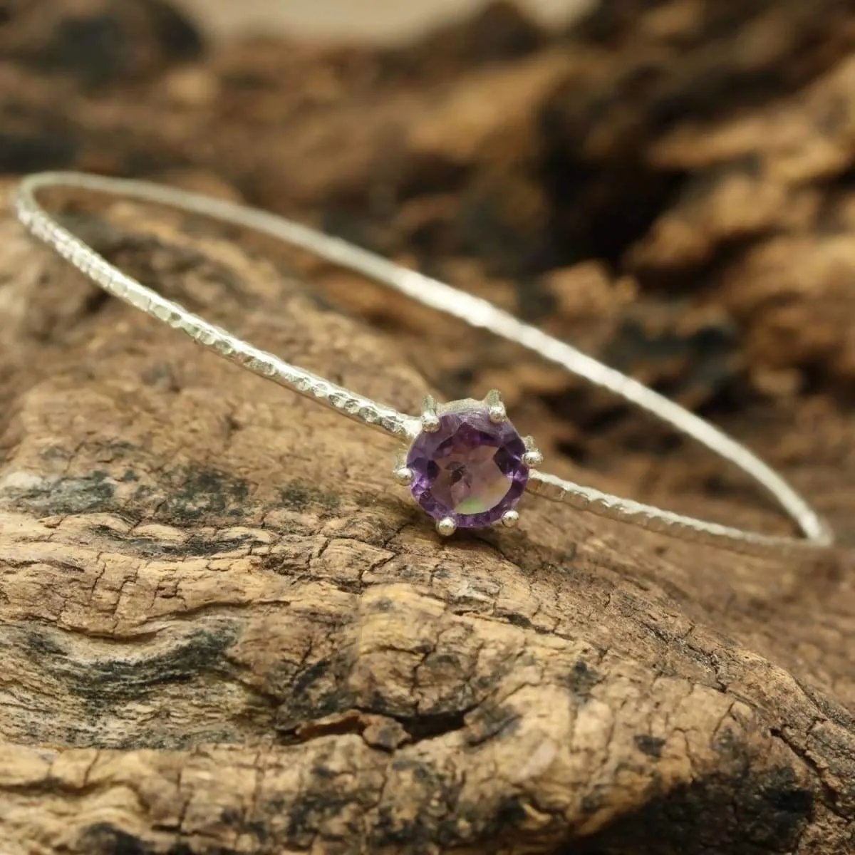 Amethyst round faceted bangle bracelet with textured sterling silver/TP