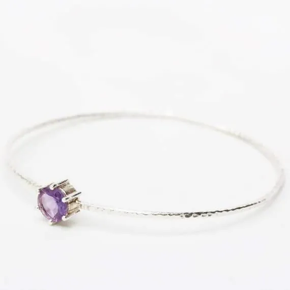 Amethyst round faceted bangle bracelet with textured sterling silver/TP