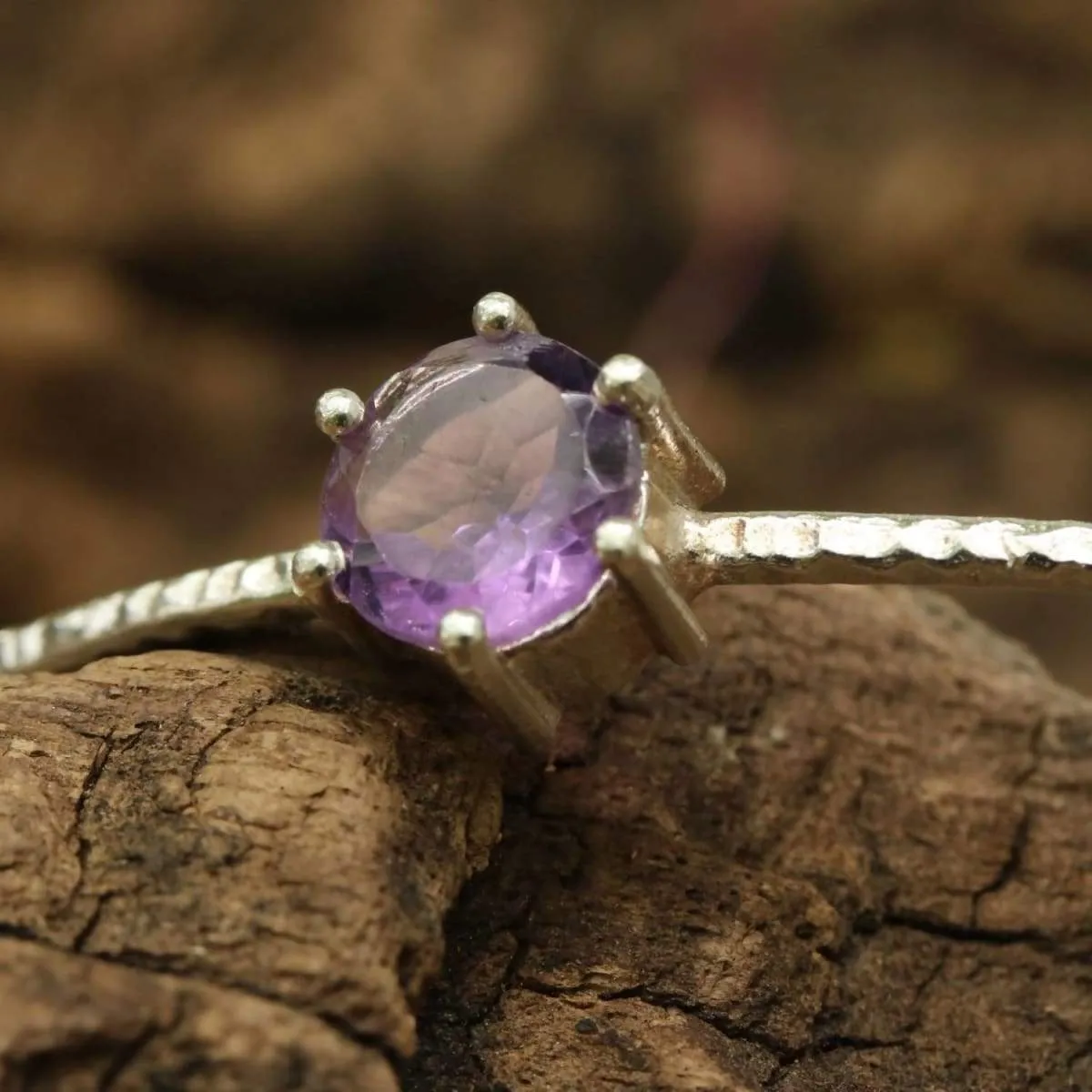 Amethyst round faceted bangle bracelet with textured sterling silver/TP