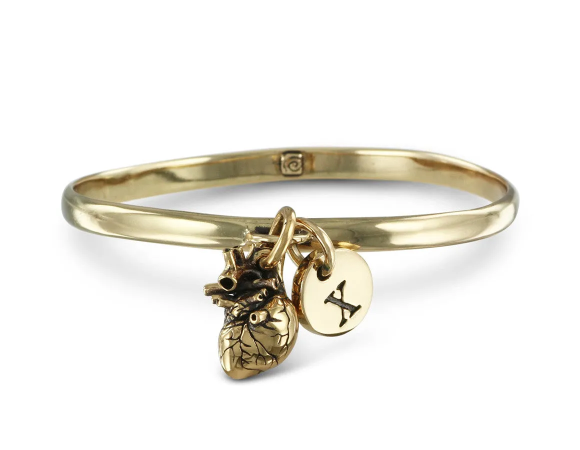 Anatomical Heart Bangle with Initial Charm - Bronze