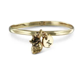 Anatomical Heart Bangle with Initial Charm - Bronze