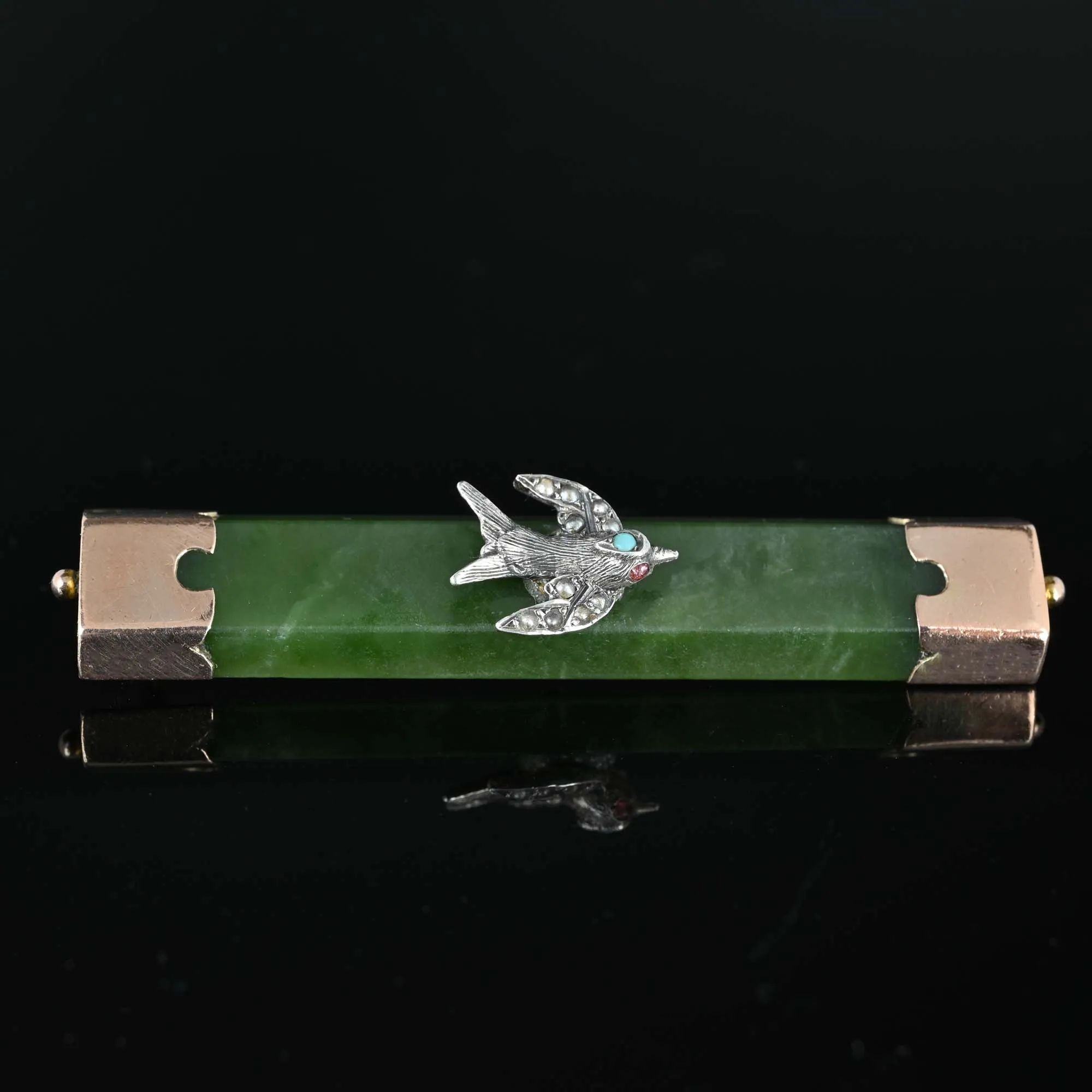 Antique Jade Silver Swallow Rose Gold Brooch