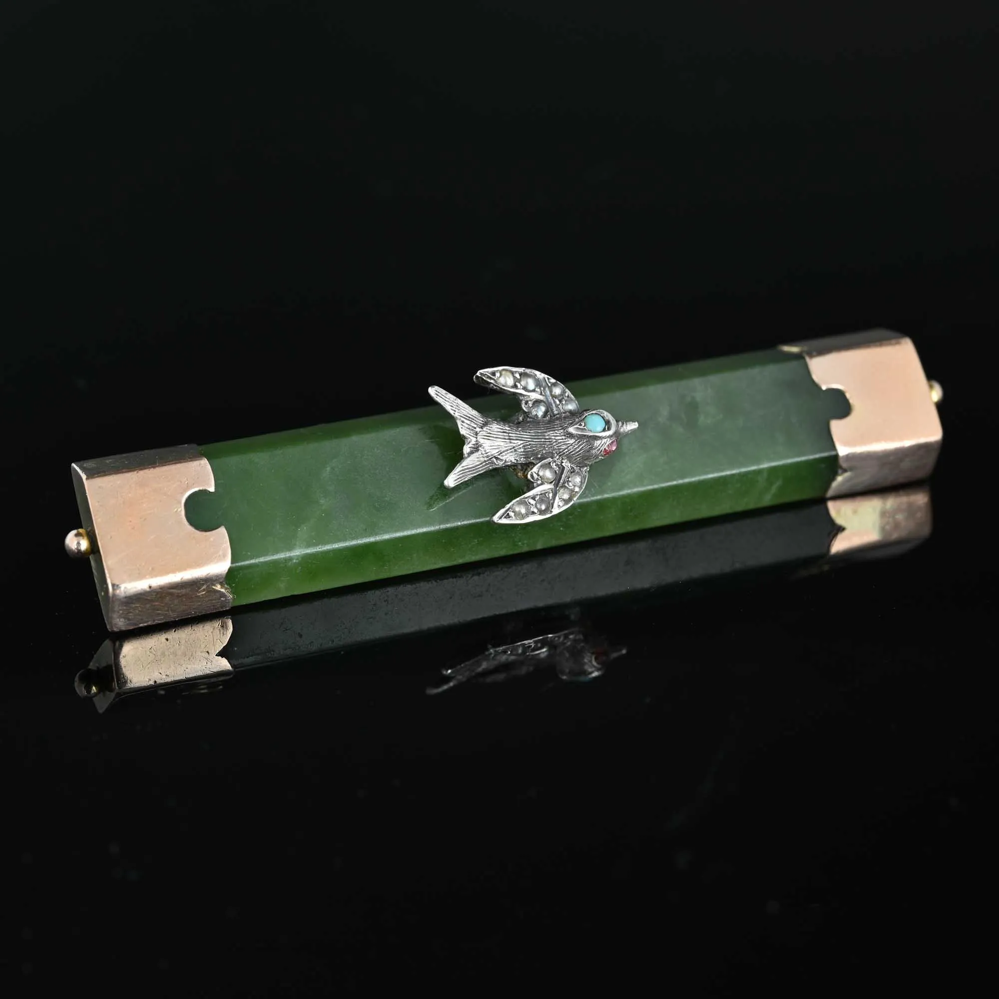 Antique Jade Silver Swallow Rose Gold Brooch