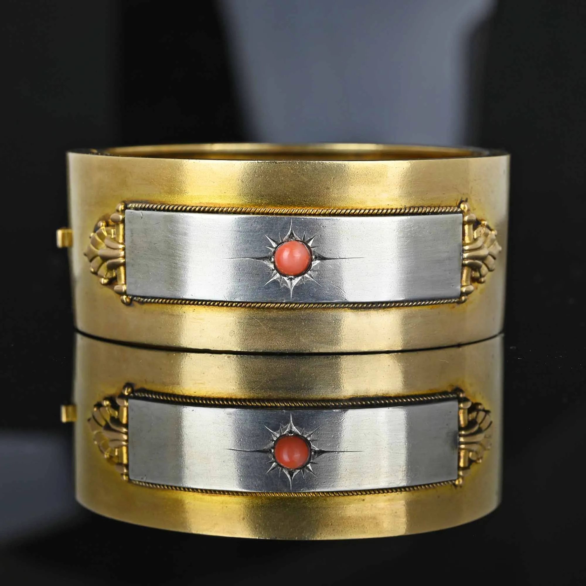 Antique Victorian Silver Gold Filled Coral Bracelet Bangle