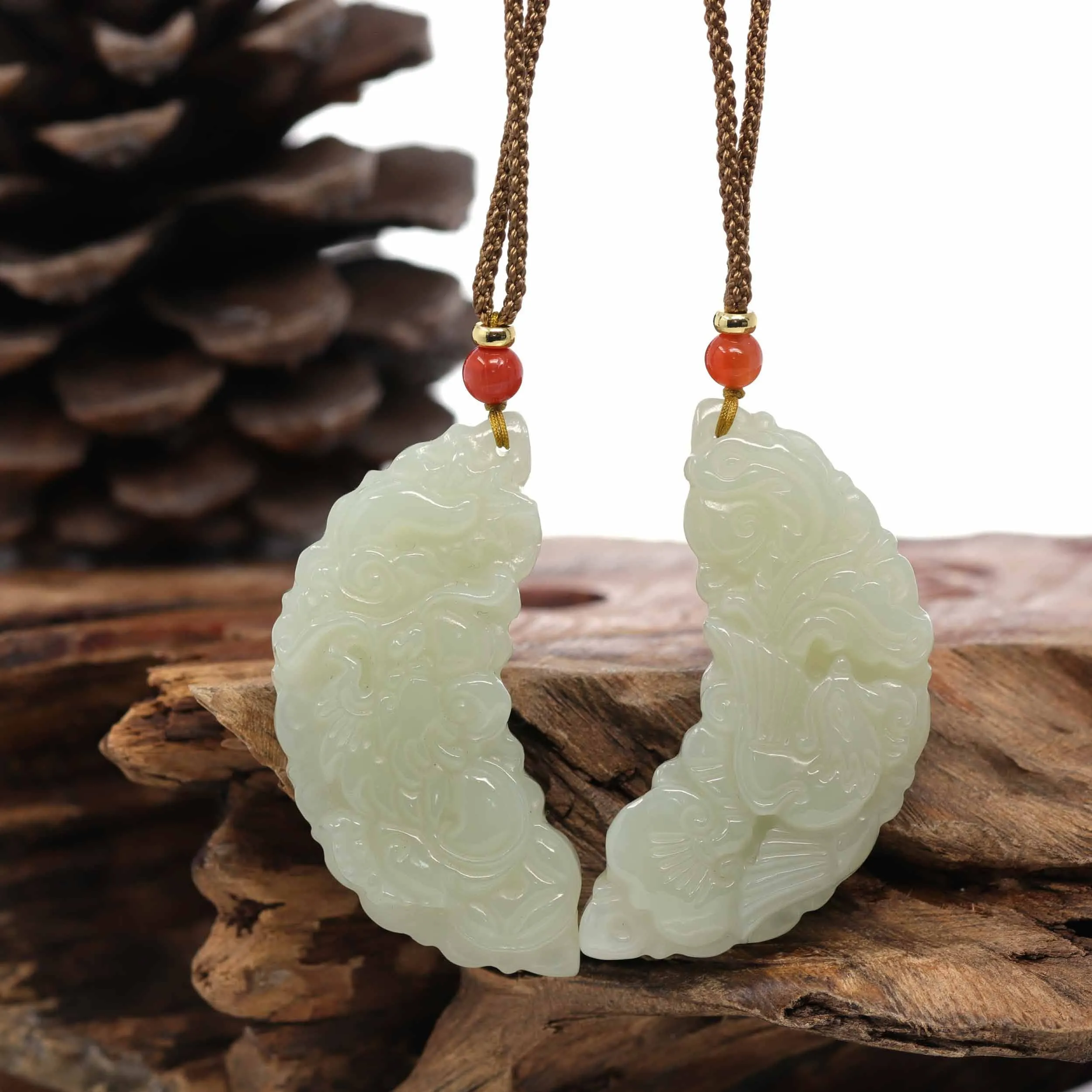 Baikalla? "Dragon & Phoenix" Genuine HeTian White Nephrite Jade Pendant Necklace