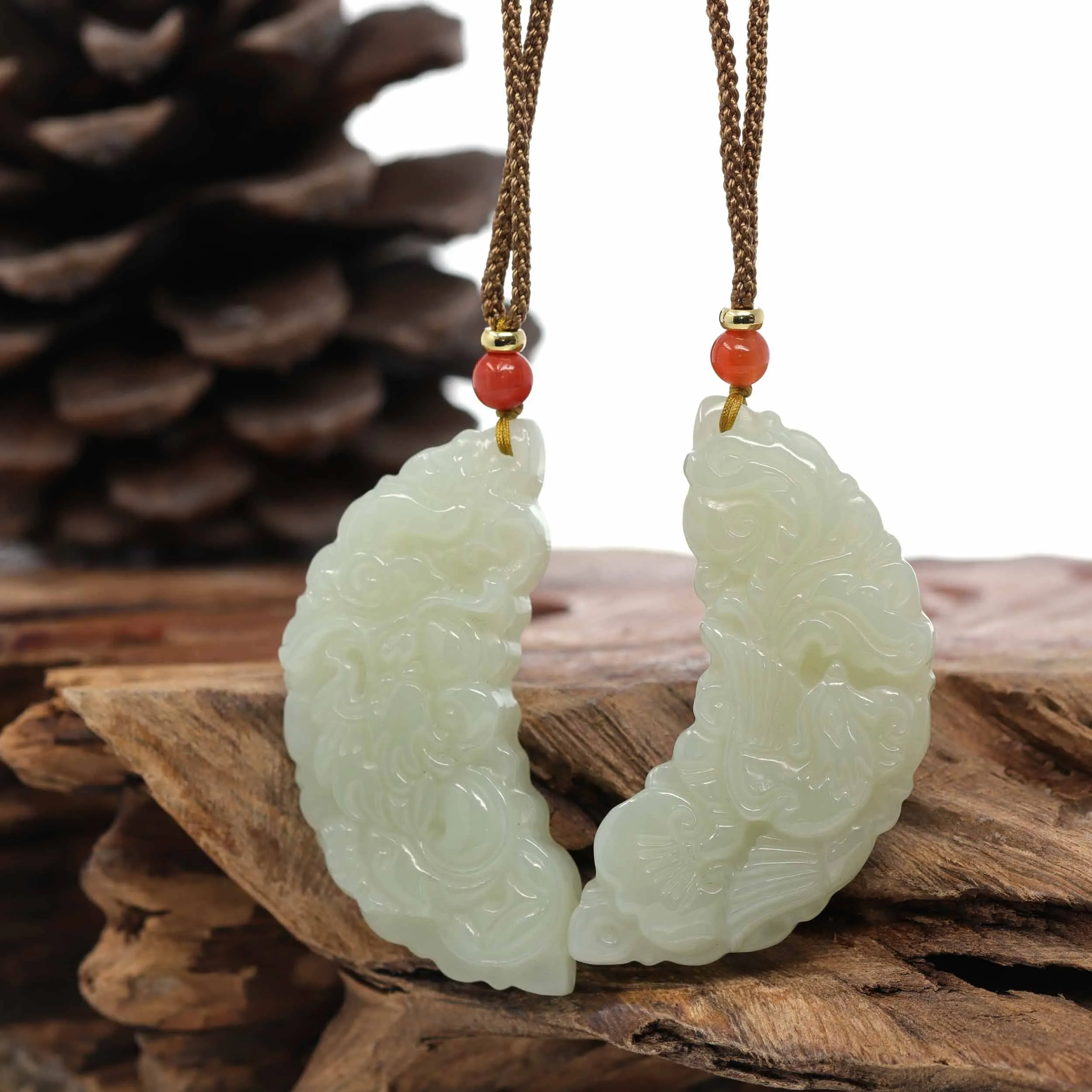 Baikalla? "Dragon & Phoenix" Genuine HeTian White Nephrite Jade Pendant Necklace