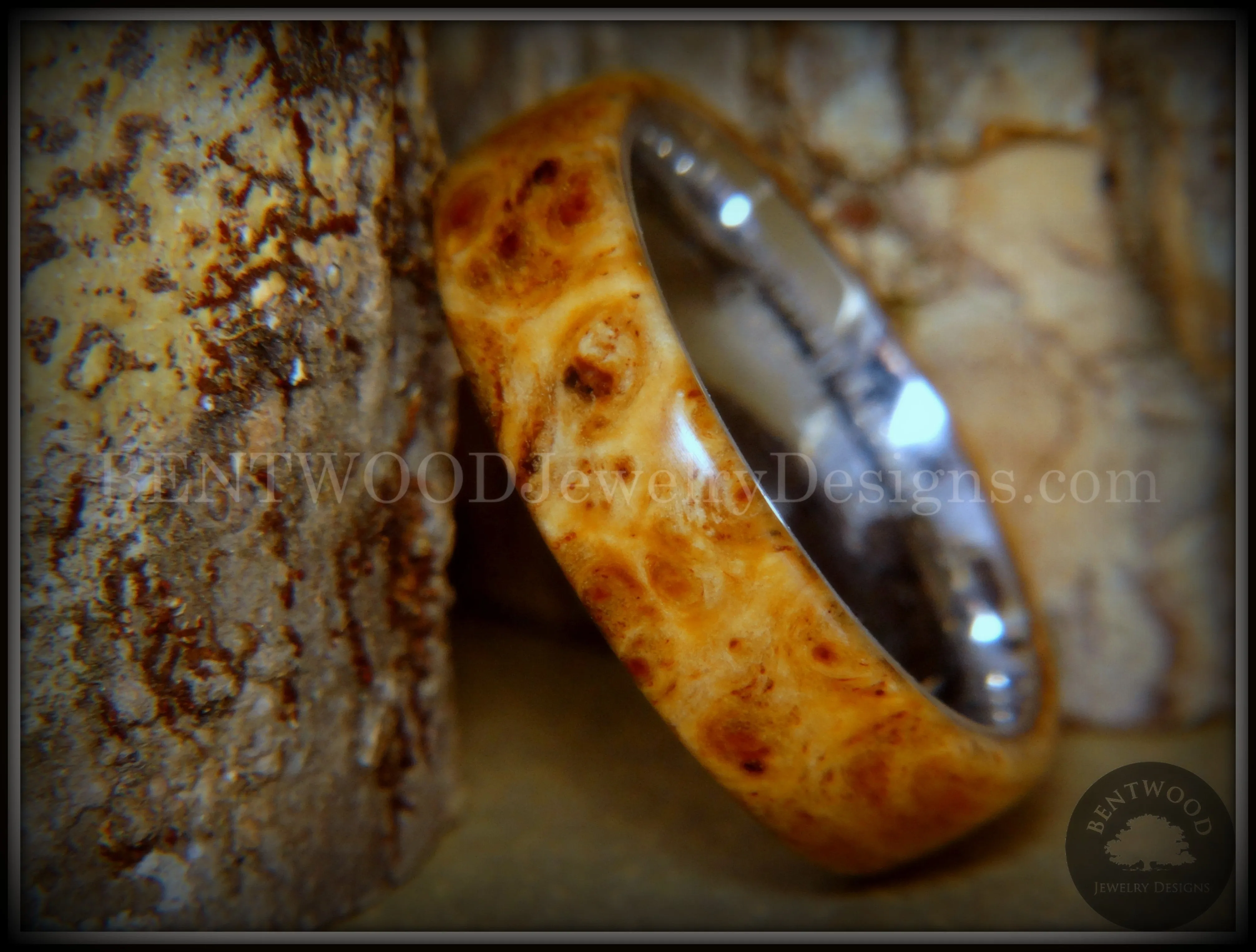 Bentwood Ring - Rarity Golden Light Amboyna Burl Wood Ring with Titanium Steel Comfort Fit Metal Core