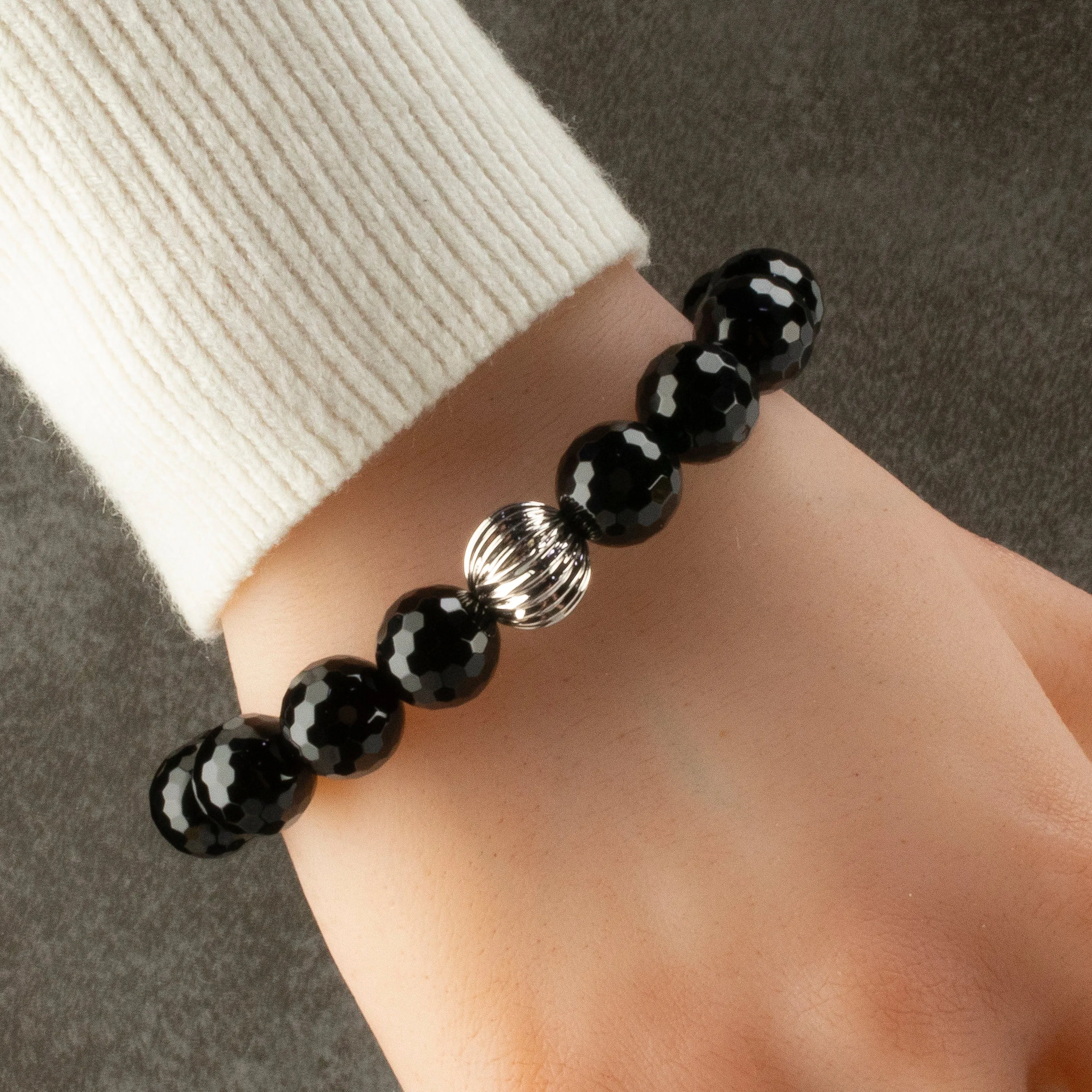 Black Agate 12mm Beads with Silver Accent Bead Elastic Gemstone Bracelet