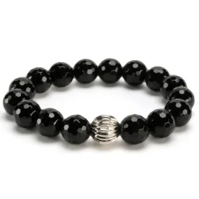 Black Agate 12mm Beads with Silver Accent Bead Elastic Gemstone Bracelet