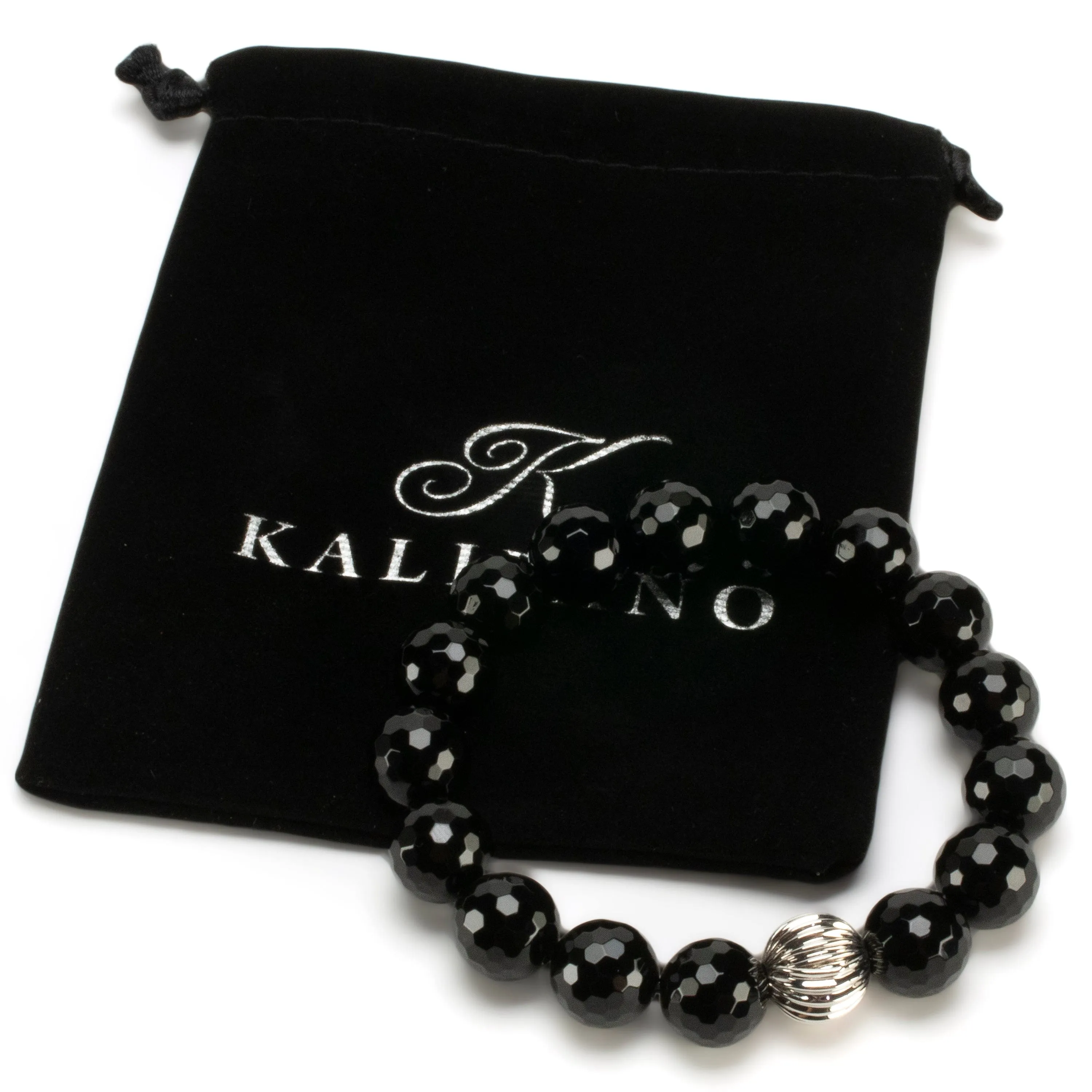 Black Agate 12mm Beads with Silver Accent Bead Elastic Gemstone Bracelet