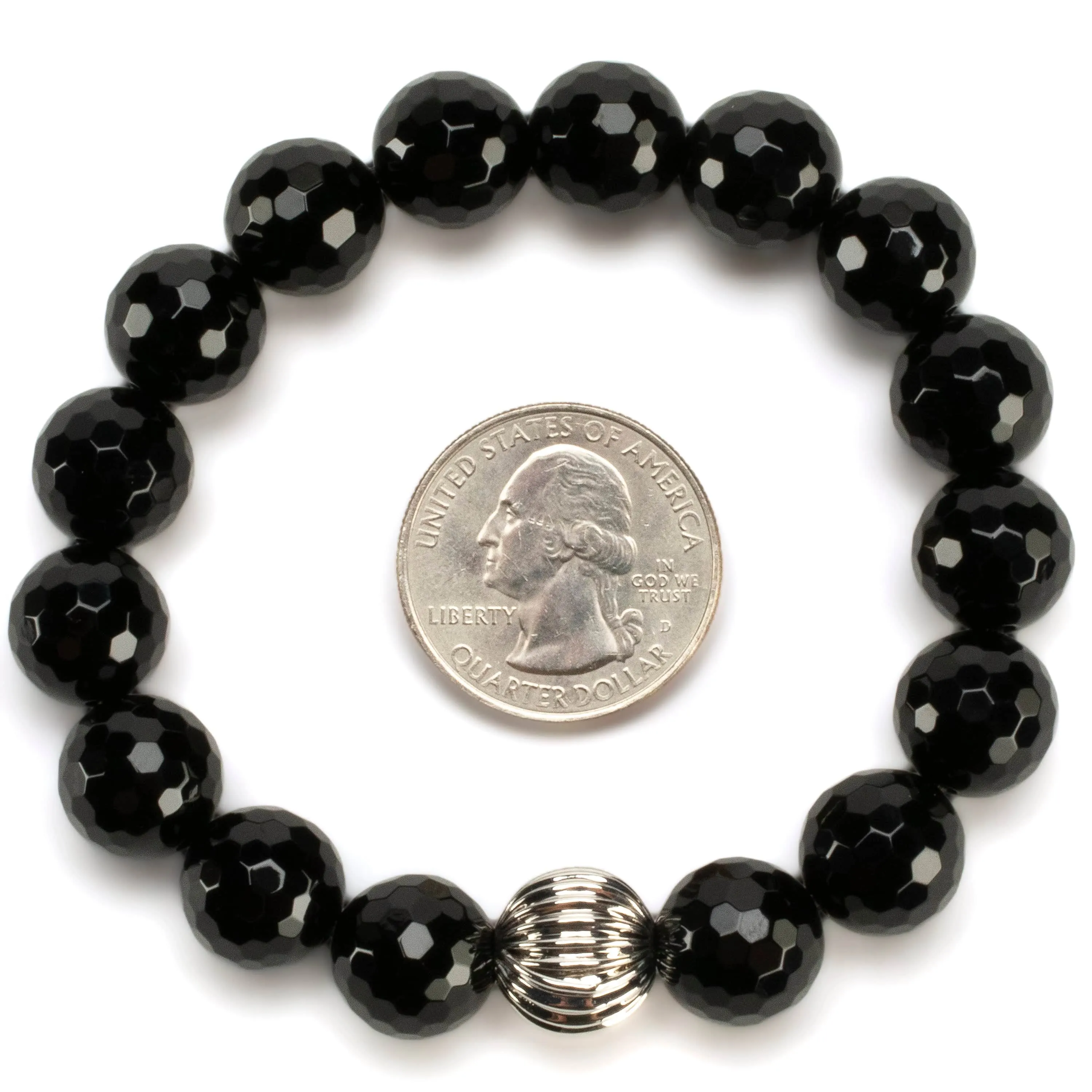 Black Agate 12mm Beads with Silver Accent Bead Elastic Gemstone Bracelet