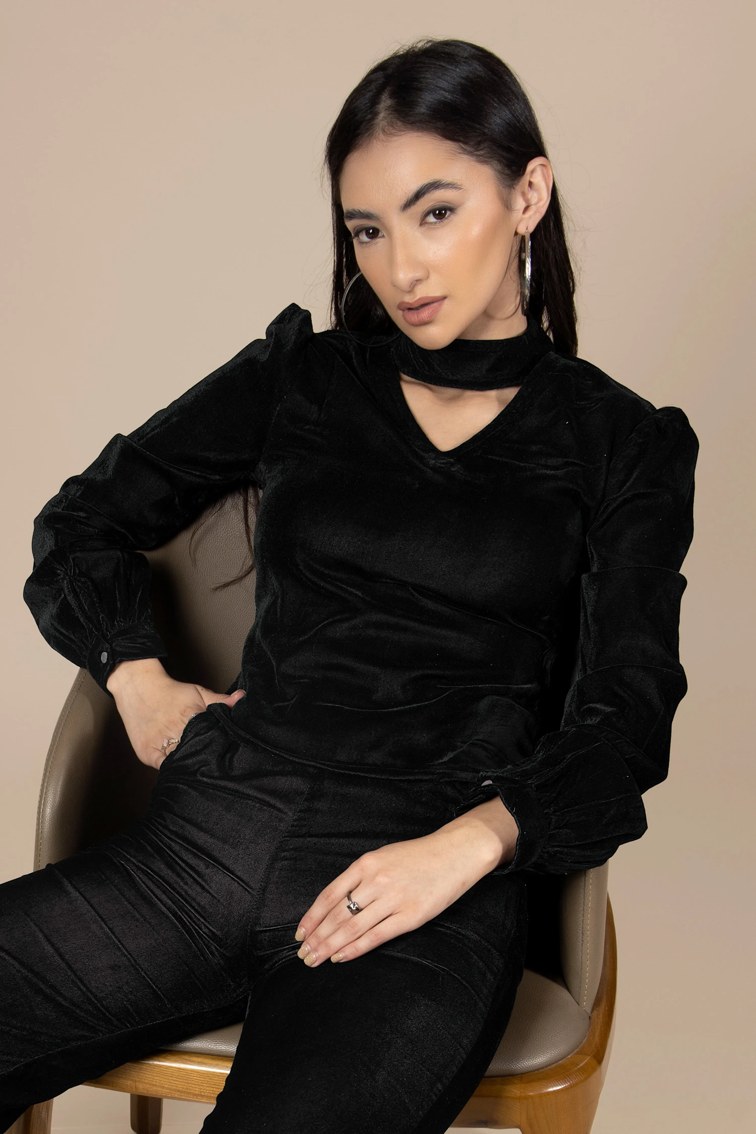 Black Choker Neck Velvet Top For Women