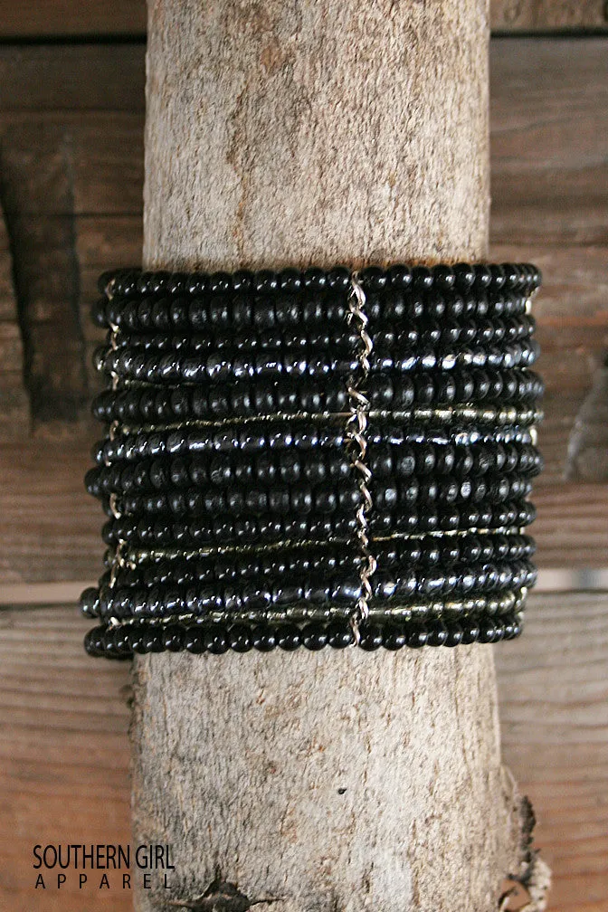 Black Wide Beaded Wire Multi Layer Bracelet