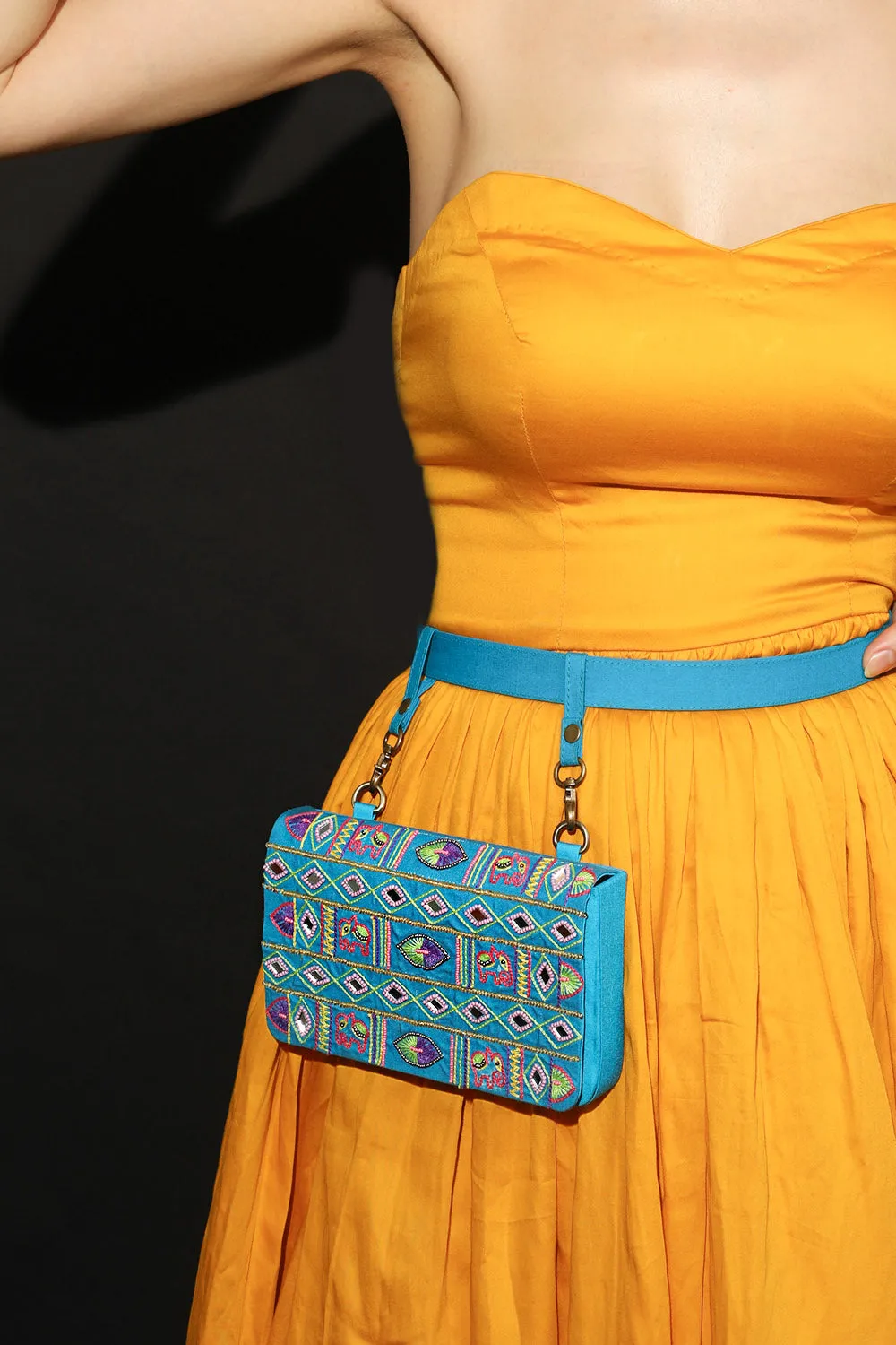 Blue hand embroidered Wedding waist belt bag for women