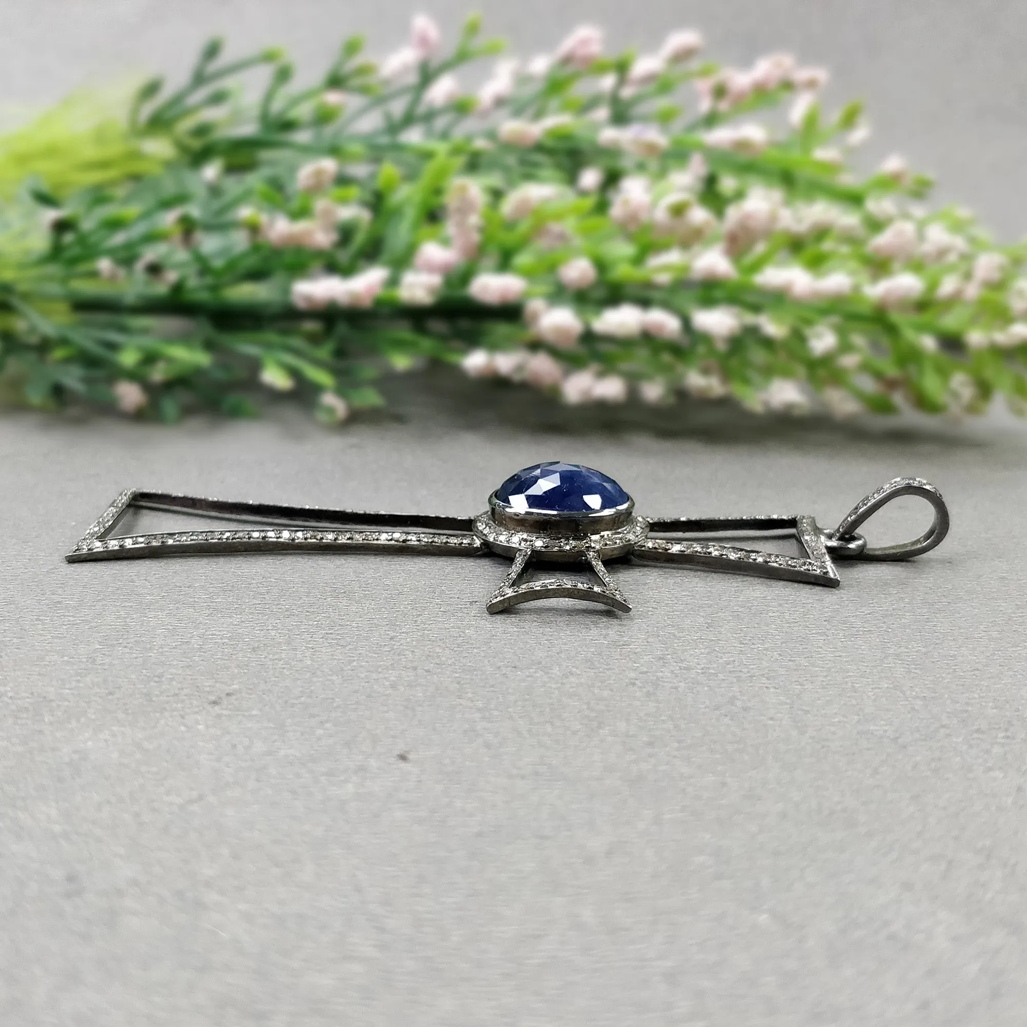 BLUE SAPPHIRE & DIAMOND Pendant : 7.55gms 925 Sterling Silver Pave Set Victorian Silver Cross Catholic Christian Pendant 3.25"