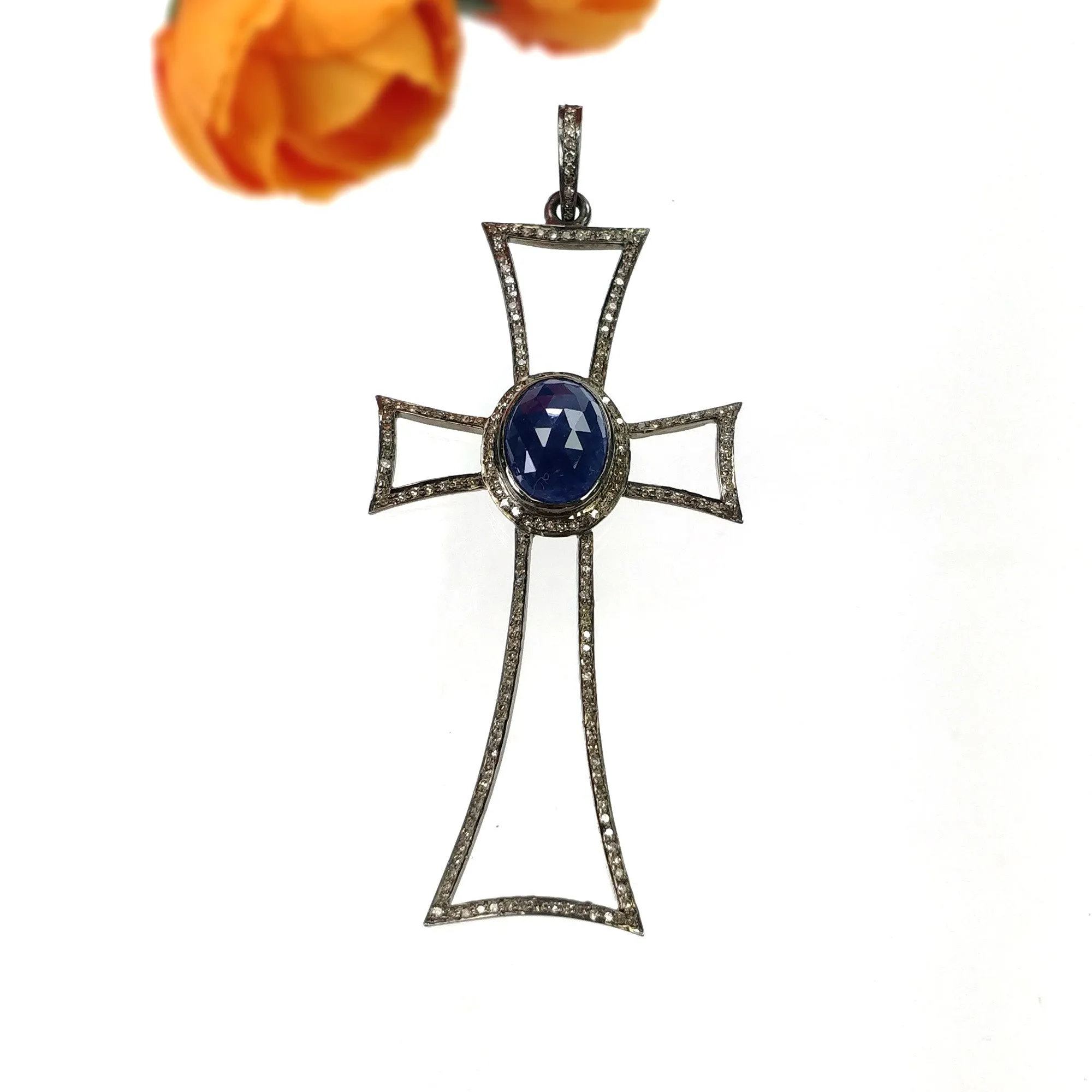 BLUE SAPPHIRE & DIAMOND Pendant : 7.55gms 925 Sterling Silver Pave Set Victorian Silver Cross Catholic Christian Pendant 3.25"