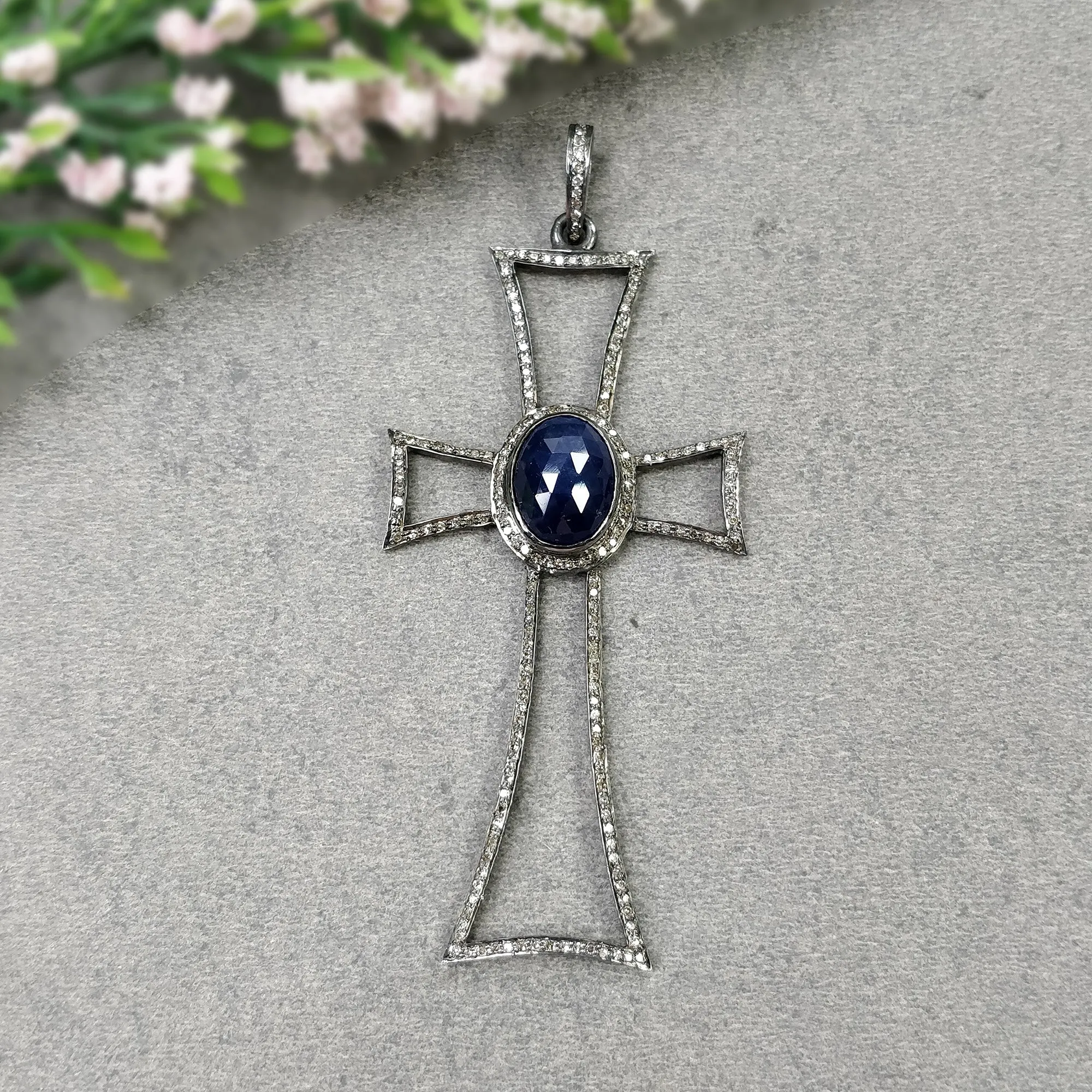 BLUE SAPPHIRE & DIAMOND Pendant : 7.55gms 925 Sterling Silver Pave Set Victorian Silver Cross Catholic Christian Pendant 3.25"