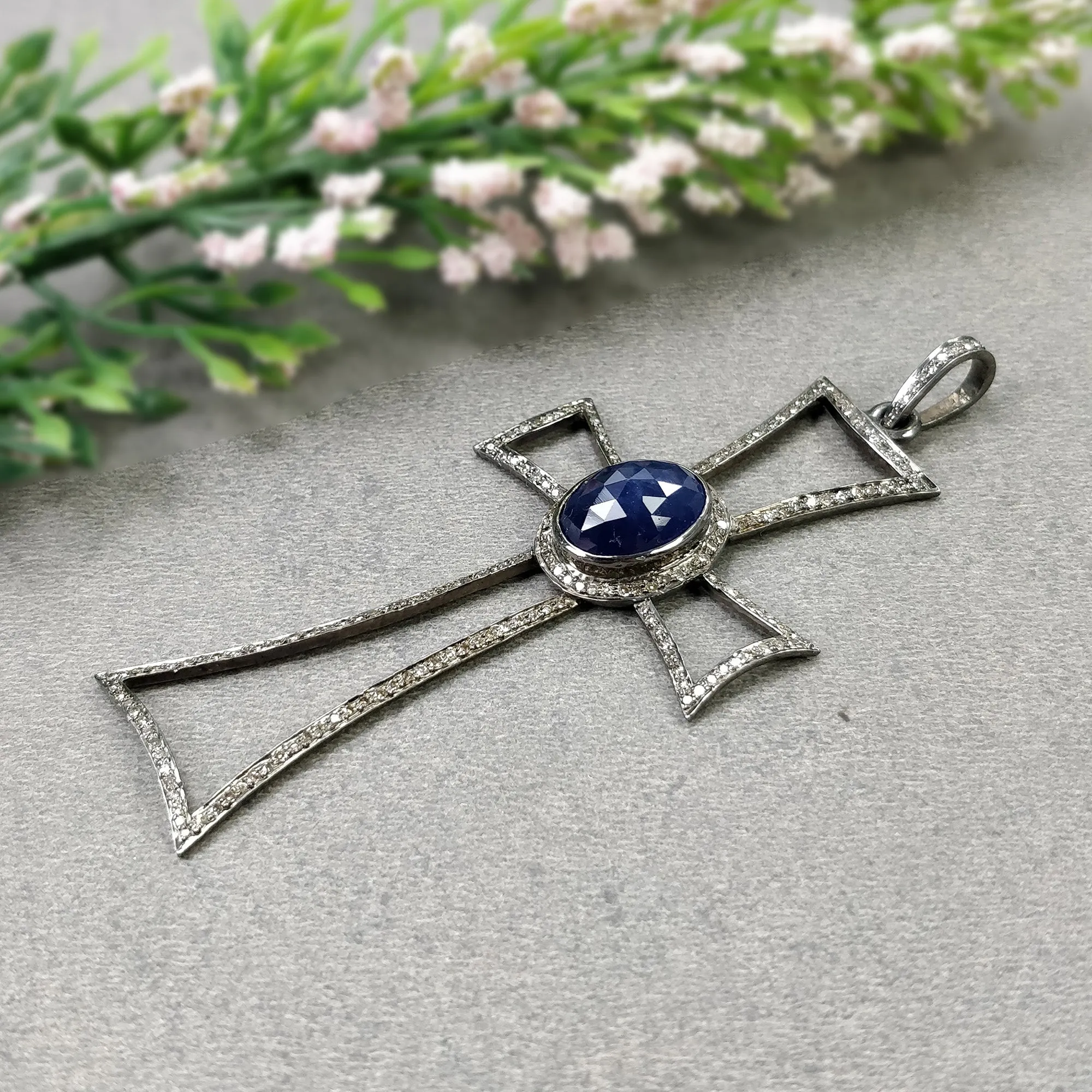 BLUE SAPPHIRE & DIAMOND Pendant : 7.55gms 925 Sterling Silver Pave Set Victorian Silver Cross Catholic Christian Pendant 3.25"