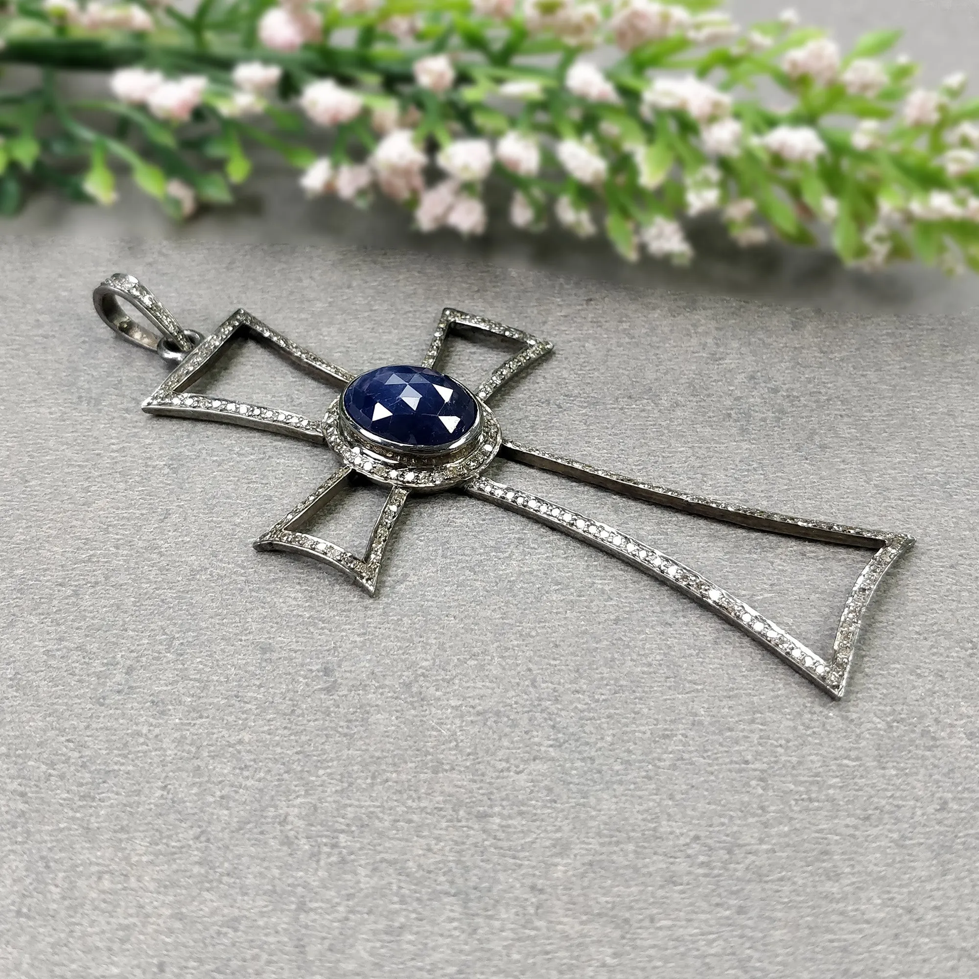 BLUE SAPPHIRE & DIAMOND Pendant : 7.55gms 925 Sterling Silver Pave Set Victorian Silver Cross Catholic Christian Pendant 3.25"