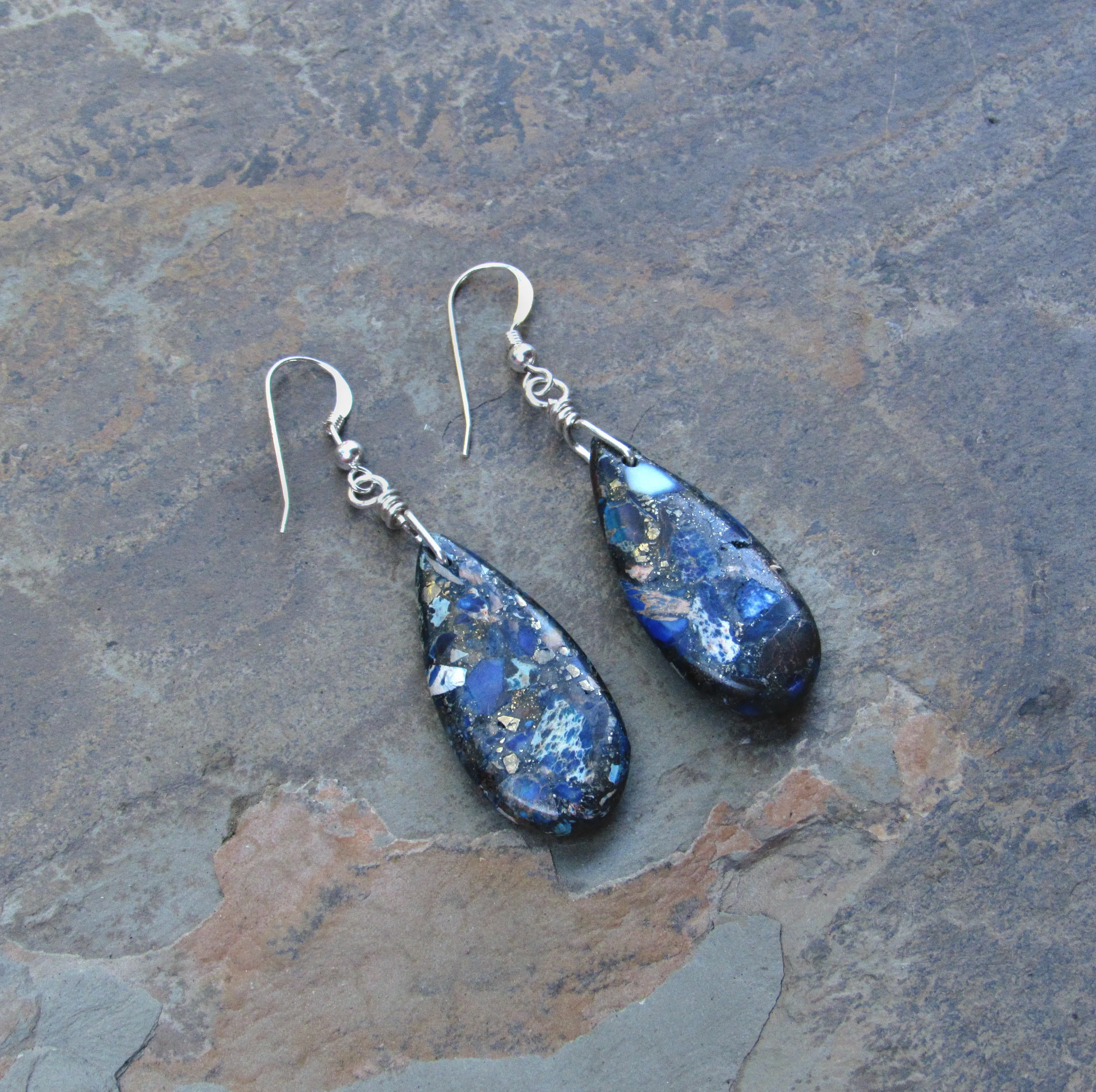 Blue Sea Sediment Jasper Hand Wrapped in Sterling Silver Drop Earrings