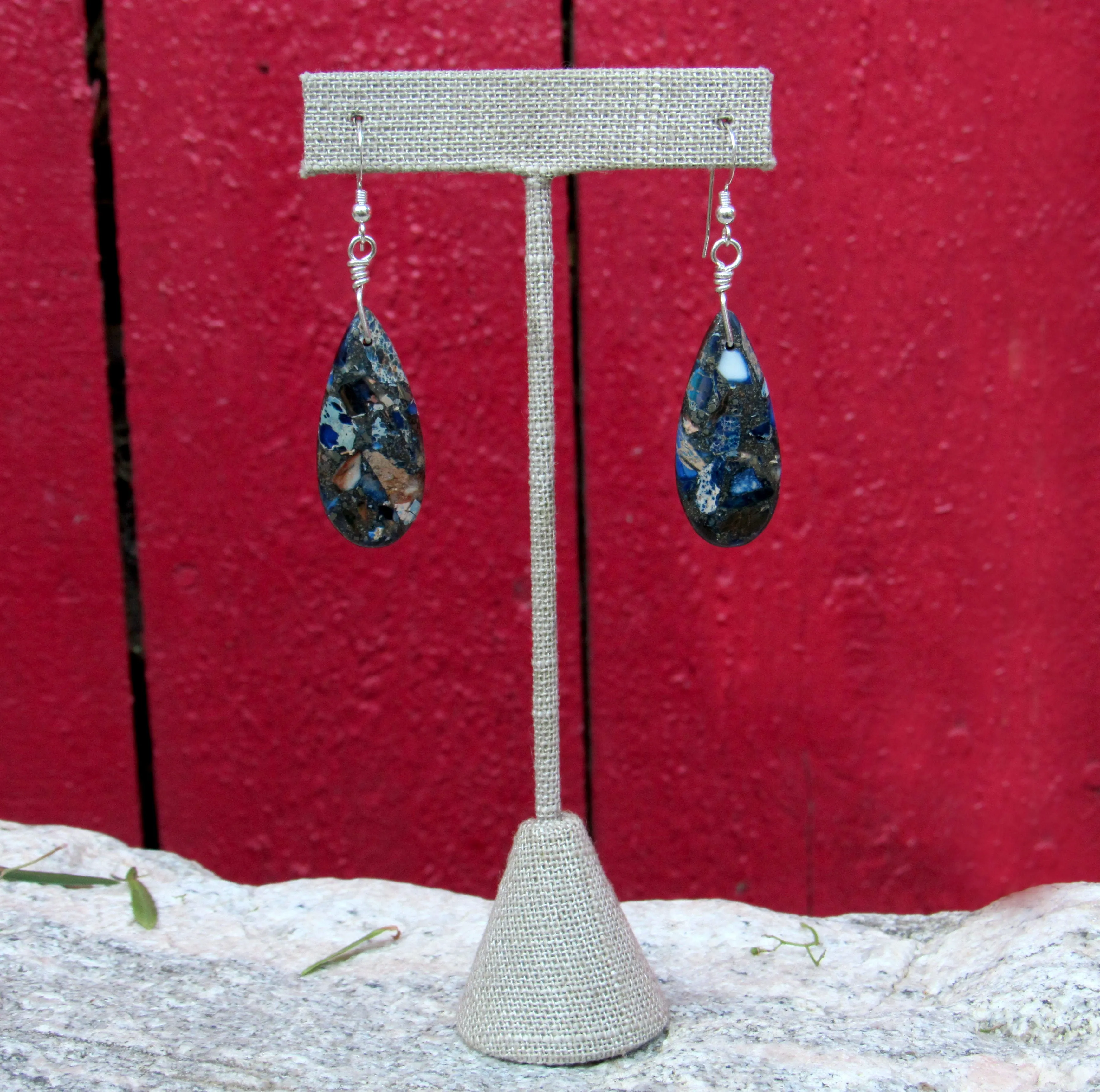 Blue Sea Sediment Jasper Hand Wrapped in Sterling Silver Drop Earrings