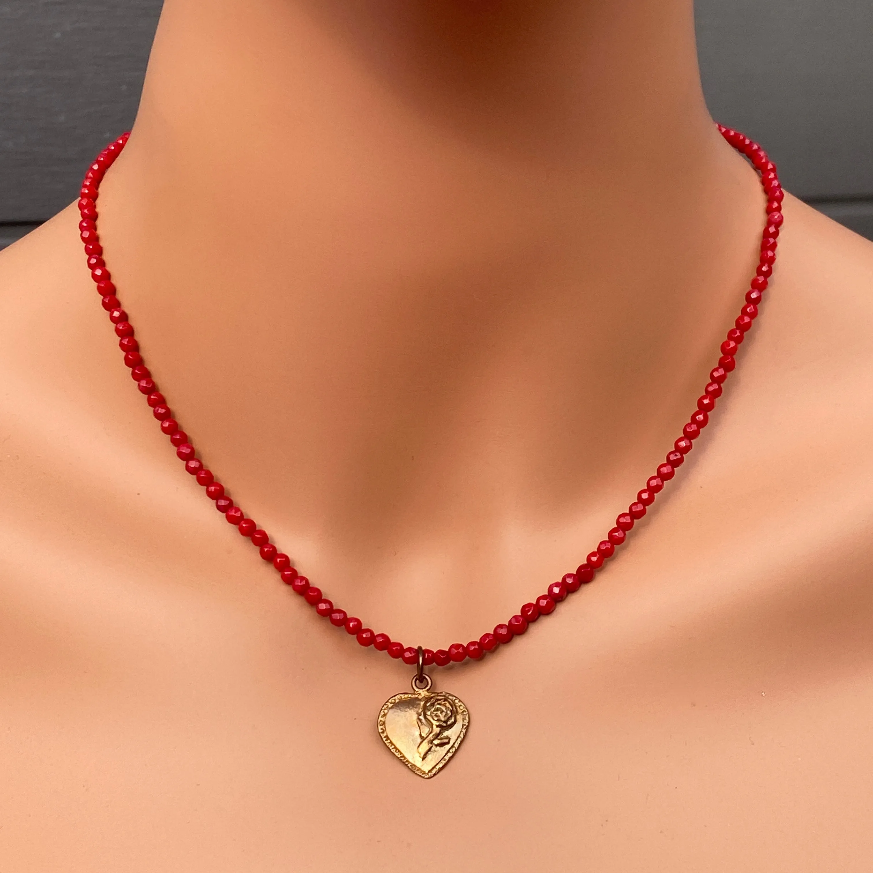 Coral Beaded Heart Necklace