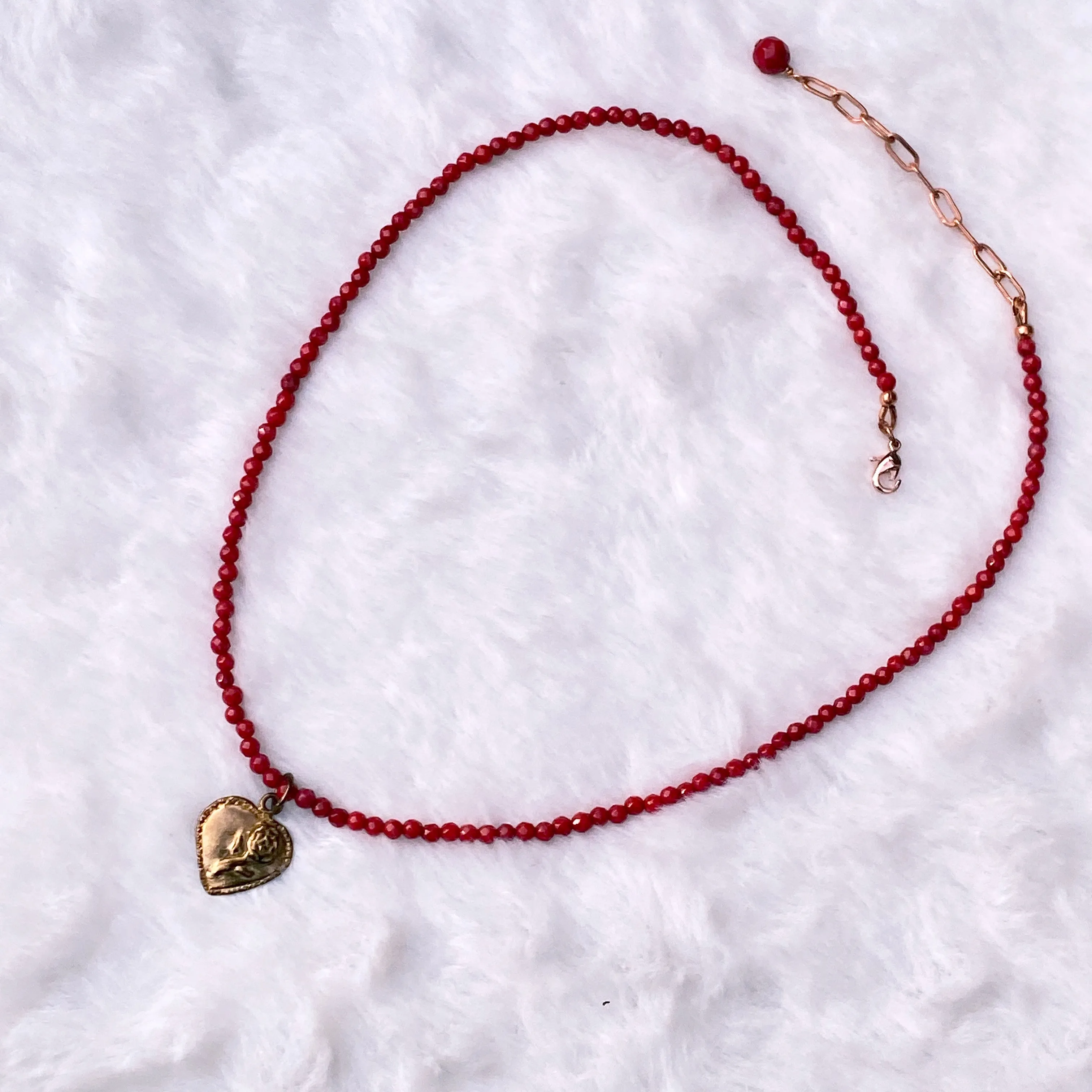 Coral Beaded Heart Necklace