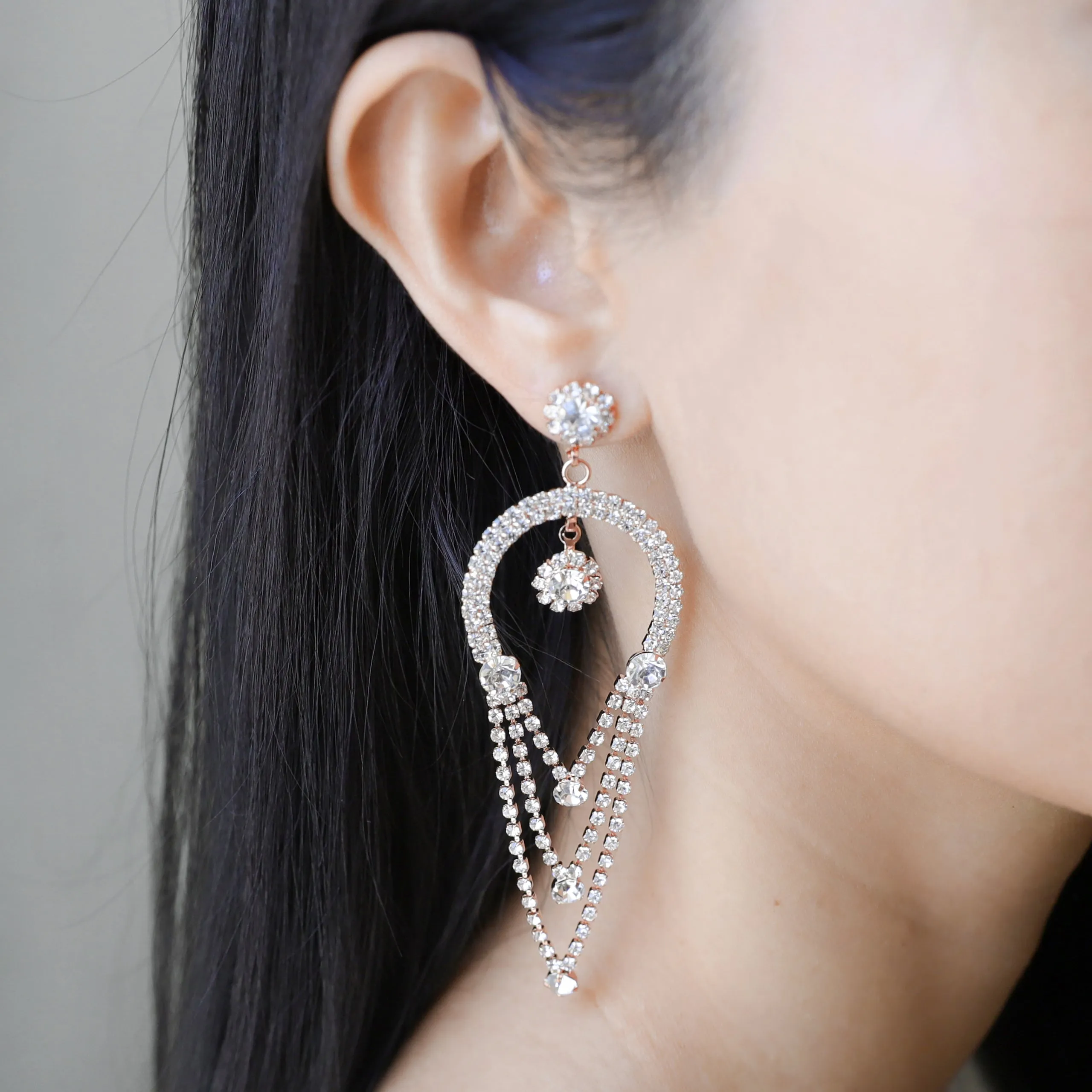 Crescent Half Hoop Drop Rhinestone Post Earrings