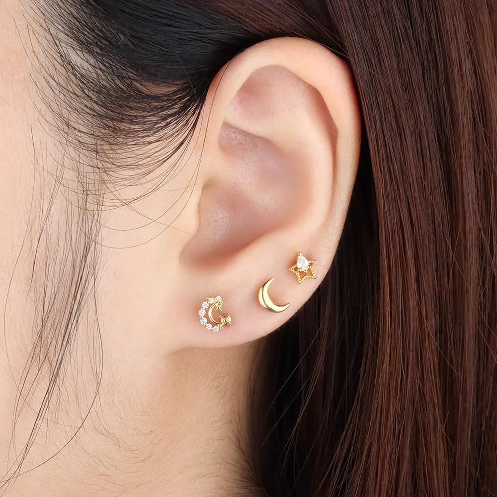 Delicate Crescent Star Stud