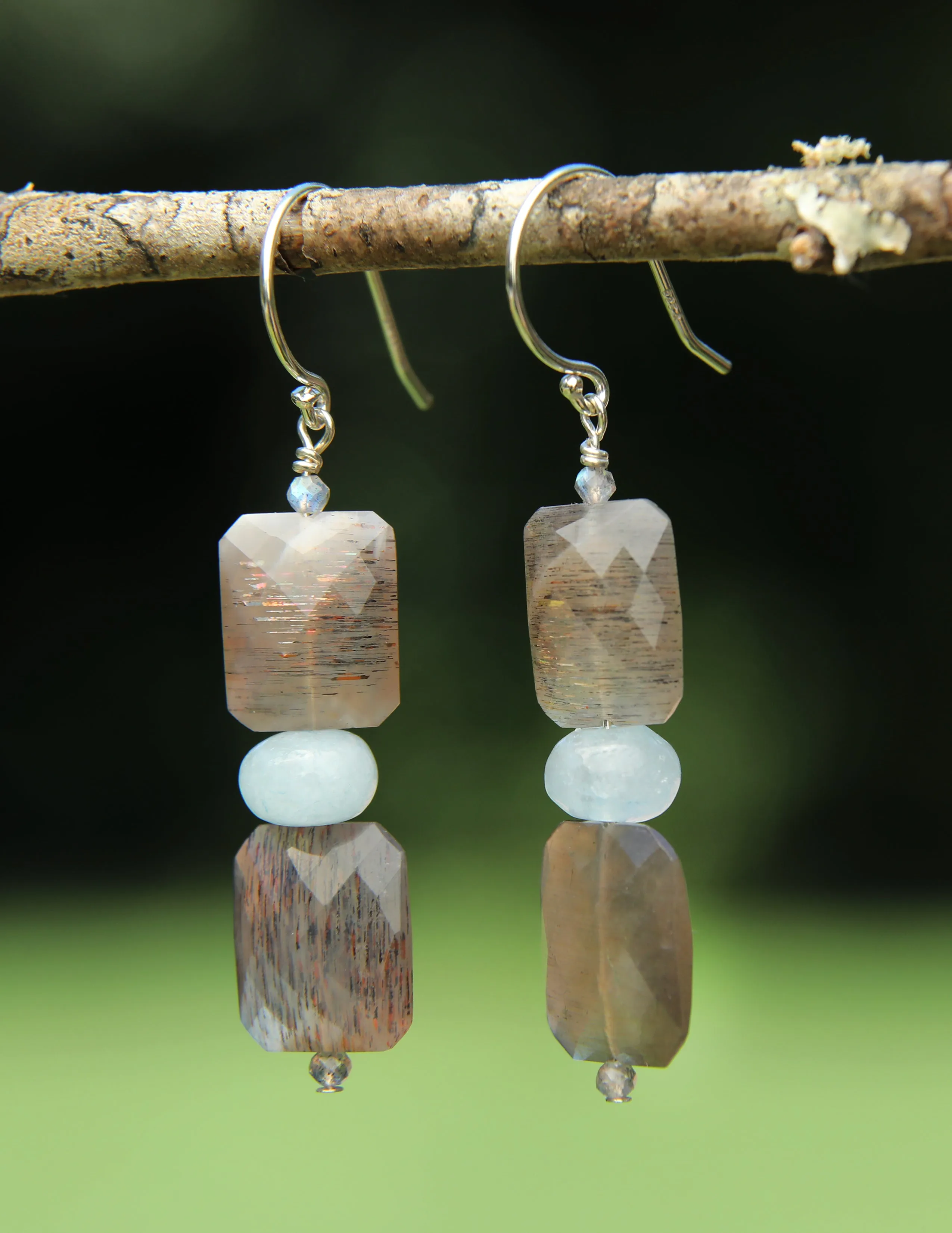 Drop Ear Wires: Hypersthene, Aquamarine, Labradorite, Silver