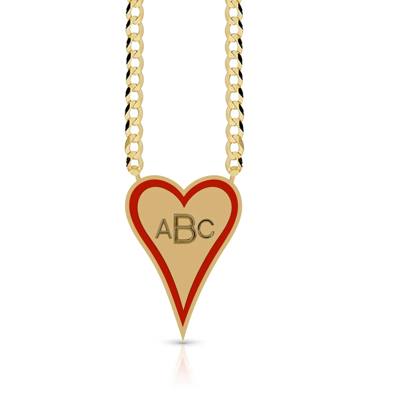 Enamel Outline Elongated Heart   Initials Cuban Link Necklace