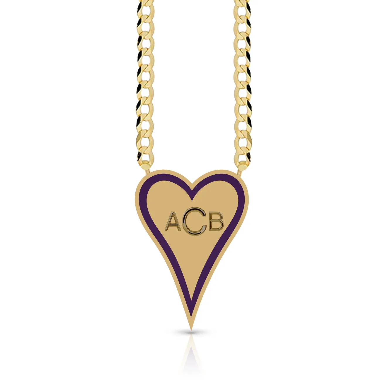 Enamel Outline Elongated Heart   Initials Cuban Link Necklace