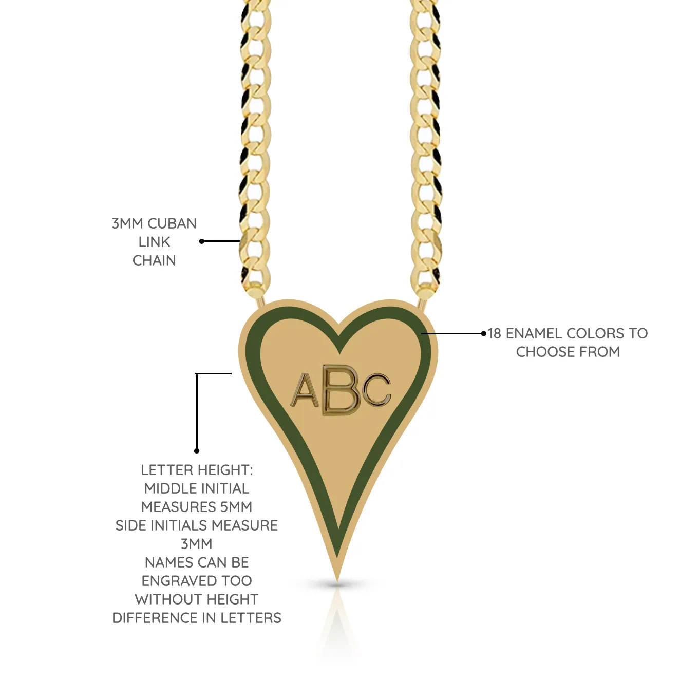 Enamel Outline Elongated Heart   Initials Cuban Link Necklace