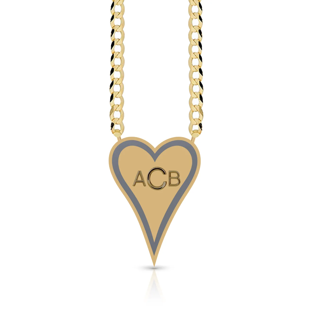 Enamel Outline Elongated Heart   Initials Cuban Link Necklace