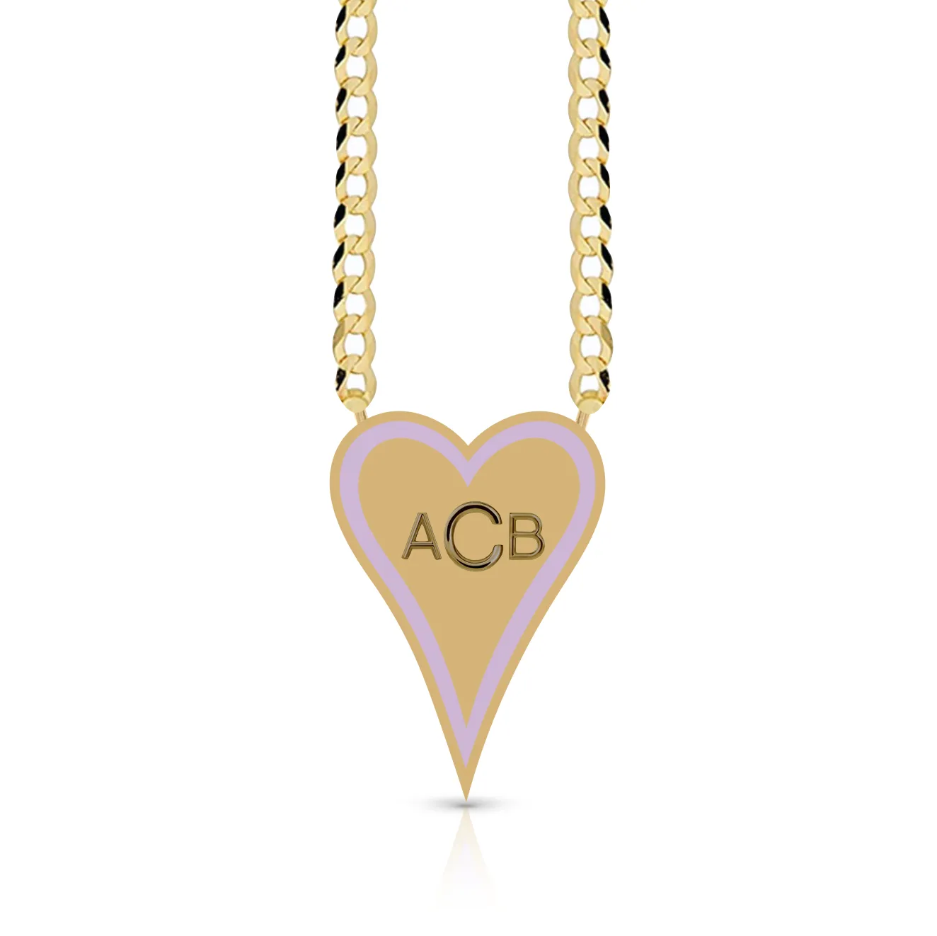 Enamel Outline Elongated Heart   Initials Cuban Link Necklace