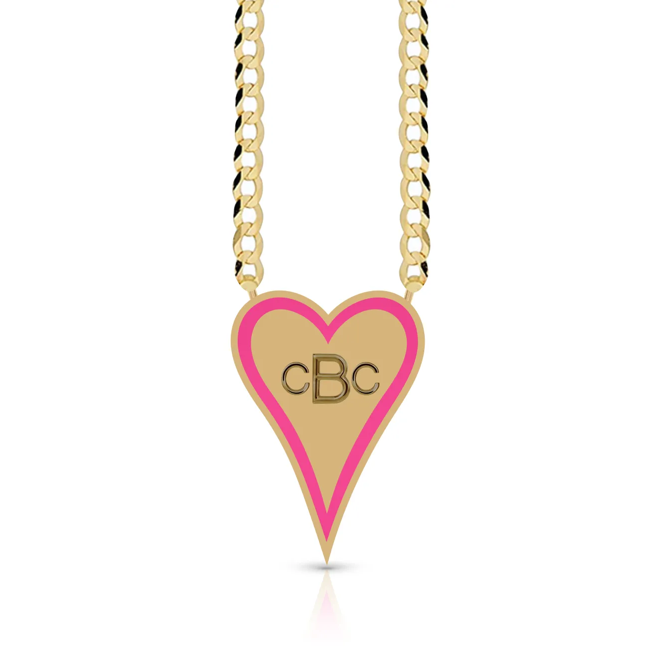 Enamel Outline Elongated Heart   Initials Cuban Link Necklace