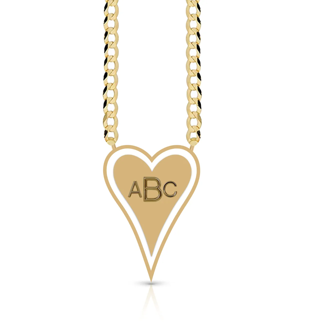 Enamel Outline Elongated Heart   Initials Cuban Link Necklace