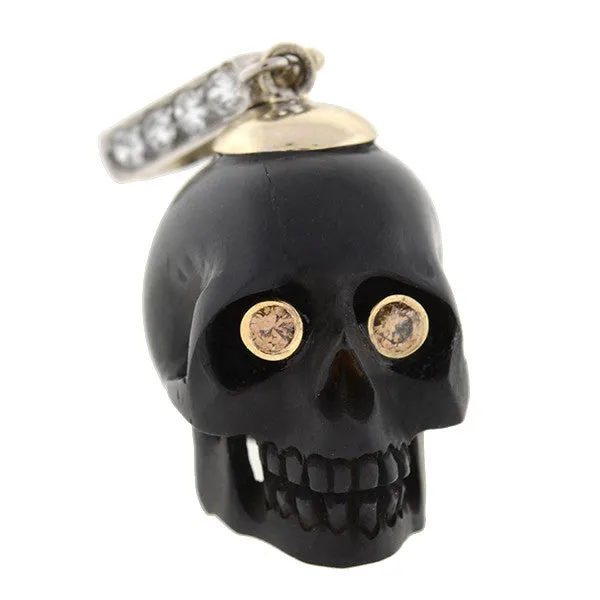 Estate 14kt Carved Jet Skull & Diamond Pendant